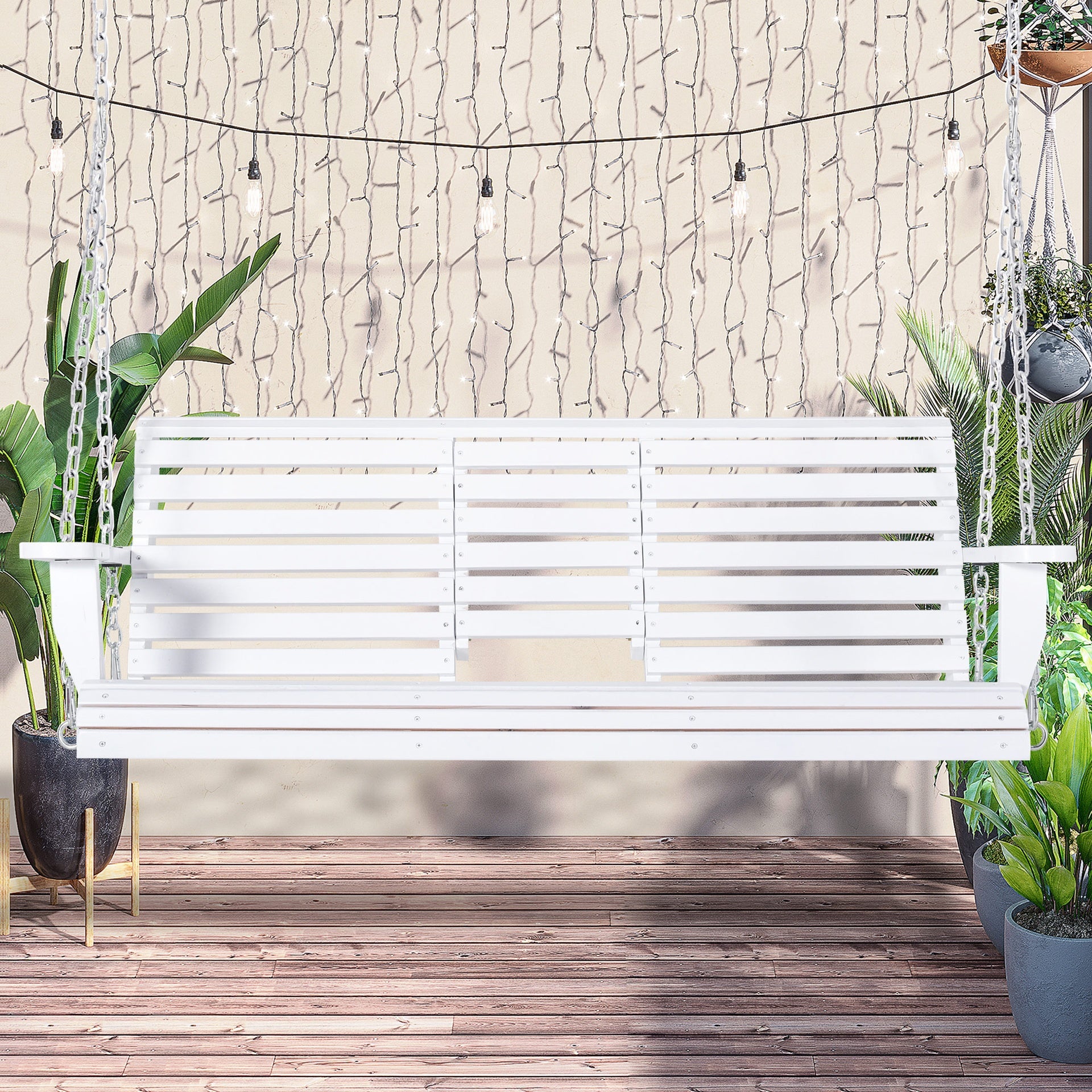 Outsunny 3-Seater Wooden Porch Swing, Patio Swing Bench with Folding Coffee Table, Cup Holders and Chains Included, 440lbs Weight Capacity, White