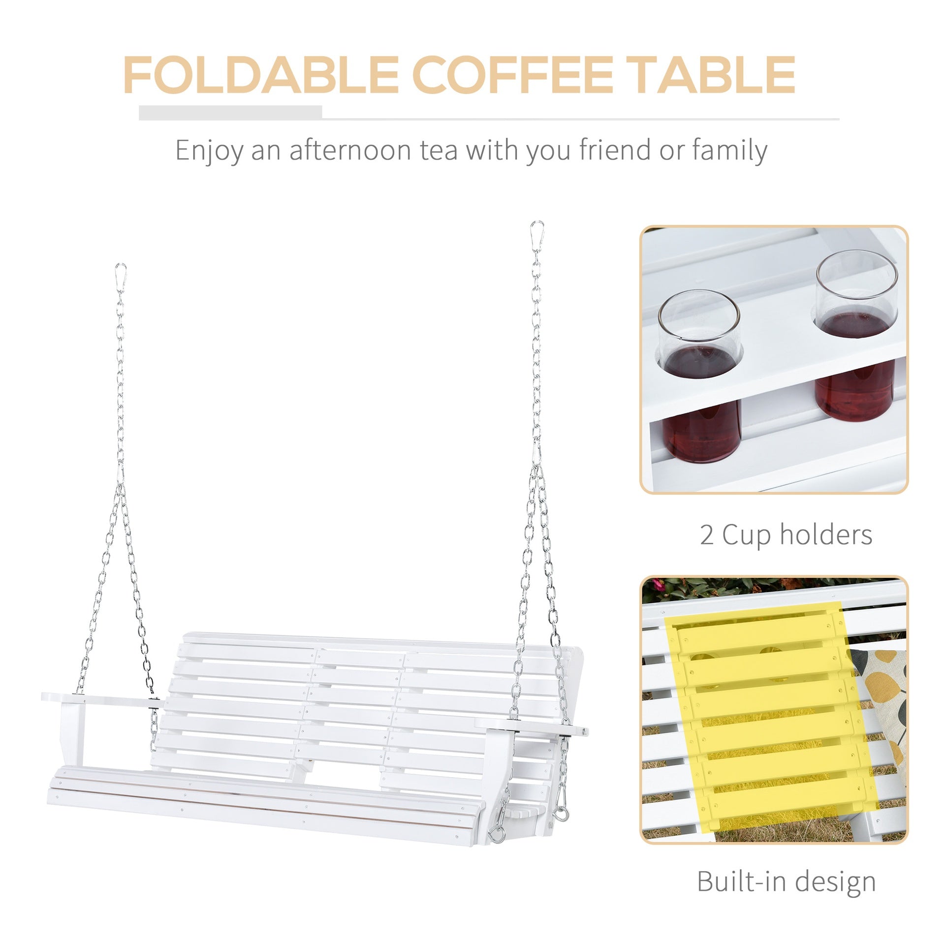 Outsunny 3-Seater Wooden Porch Swing, Patio Swing Bench with Folding Coffee Table, Cup Holders and Chains Included, 440lbs Weight Capacity, White