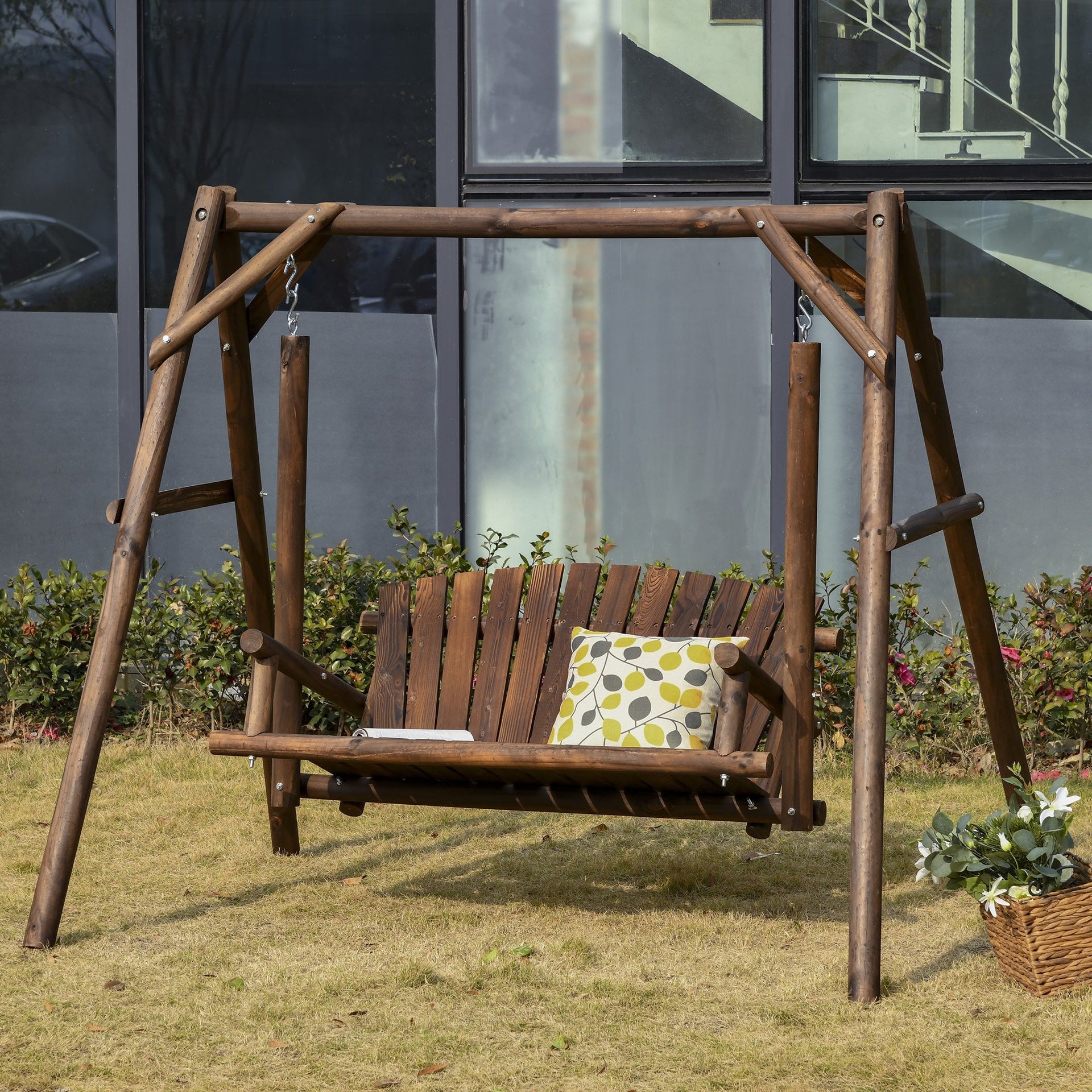 Outsunny 2-Seat Wooden Swing Bench, Ergonomic Design, 'A' Frame Construction, Stable and Non-Slip, Solid Wood Frame Log Garden Swing, for Outdoor and Indoor, Brown