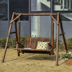Outsunny 2-Seat Wooden Swing Bench, Ergonomic Design, 'A' Frame Construction, Stable and Non-Slip, Solid Wood Frame Log Garden Swing, for Outdoor and Indoor, Brown