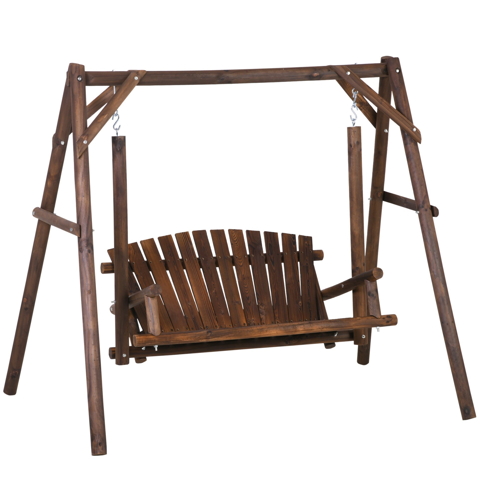 Outsunny 2-Seat Wooden Swing Bench, Ergonomic Design, 'A' Frame Construction, Stable and Non-Slip, Solid Wood Frame Log Garden Swing, for Outdoor and Indoor, Brown