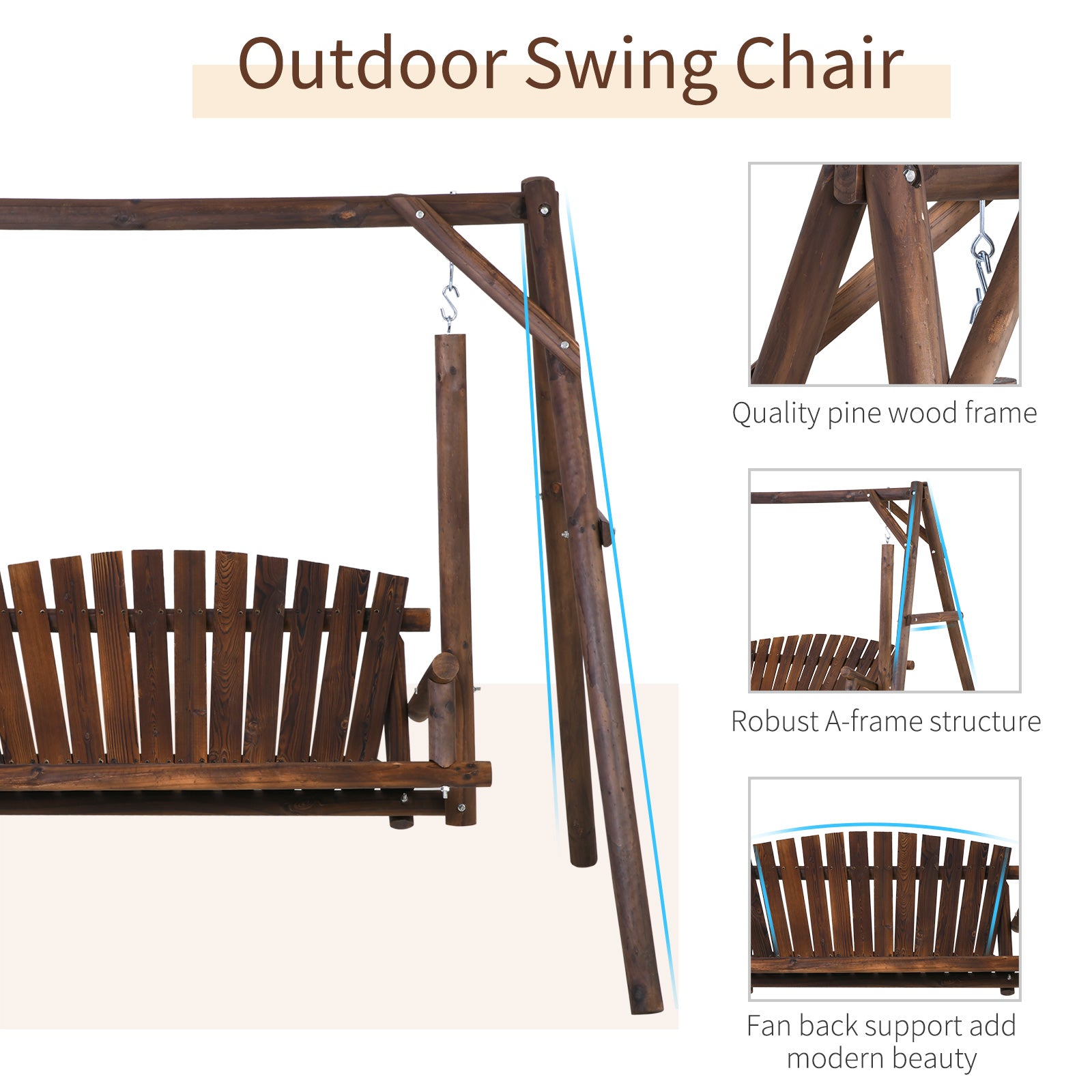 Outsunny 2-Seat Wooden Swing Bench, Ergonomic Design, 'A' Frame Construction, Stable and Non-Slip, Solid Wood Frame Log Garden Swing, for Outdoor and Indoor, Brown