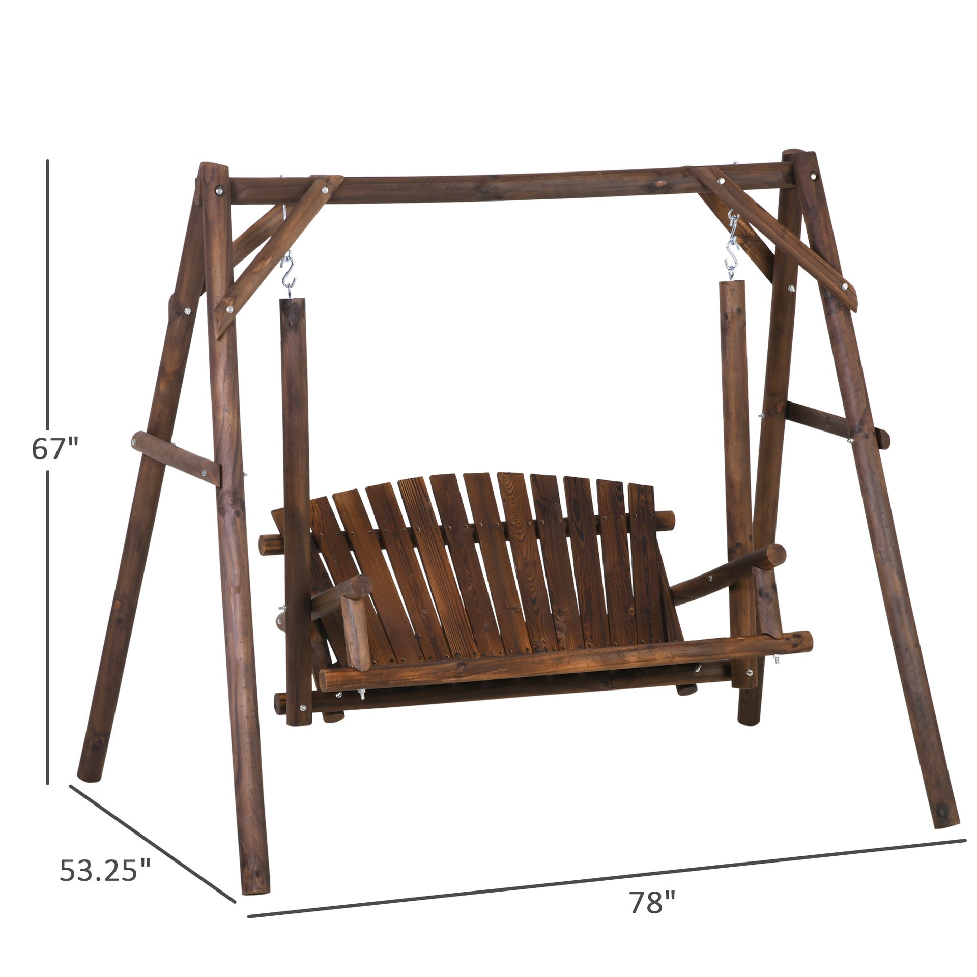 Outsunny 2-Seat Wooden Swing Bench, Ergonomic Design, 'A' Frame Construction, Stable and Non-Slip, Solid Wood Frame Log Garden Swing, for Outdoor and Indoor, Brown