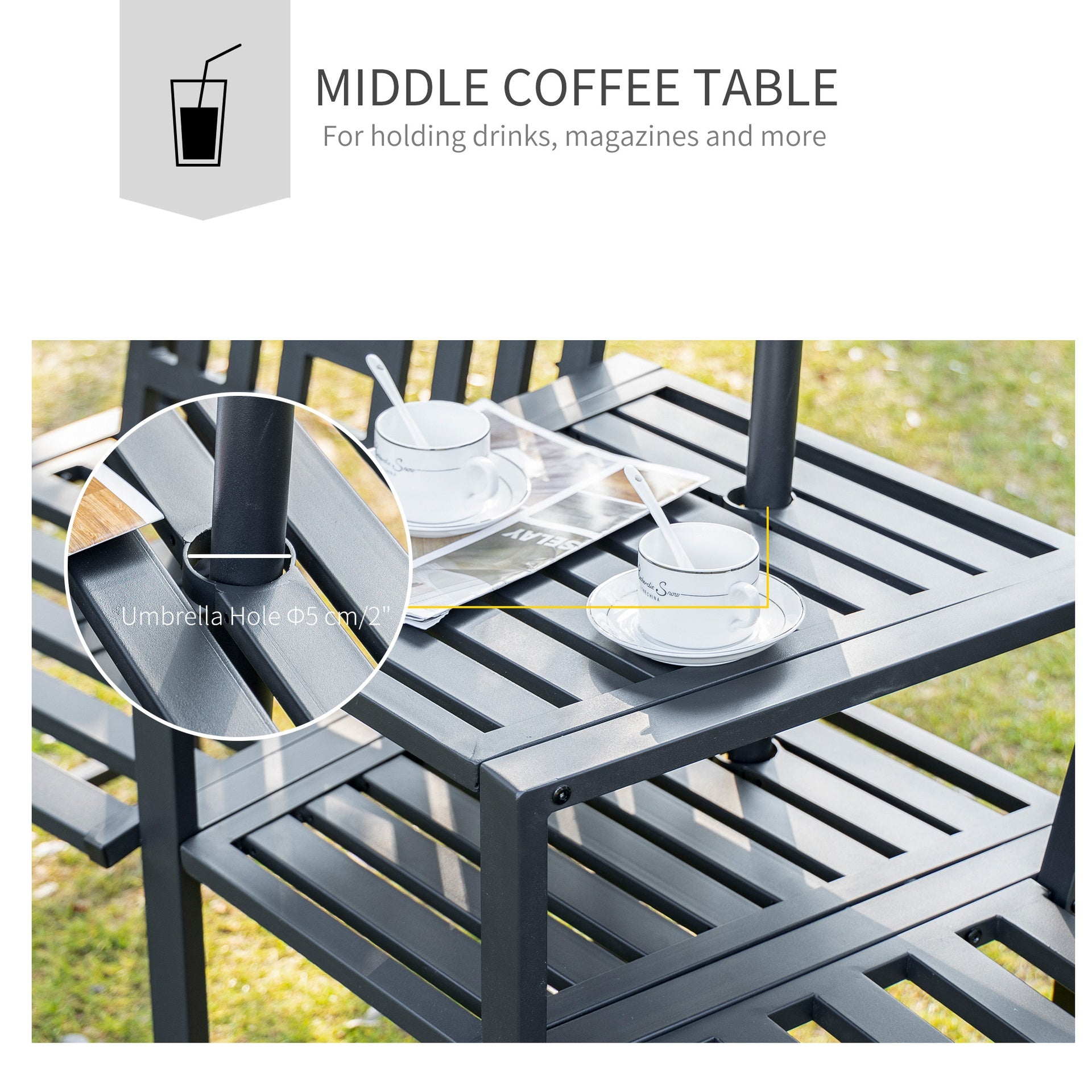 Outsunny Metal Garden Bench with Middle Table and Umbrella Hole, 2-in-1 Double Patio Chairs, Outdoor 2-person Tete-a-Tete, Slatted, Black