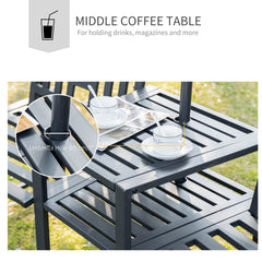Outsunny Metal Garden Bench with Middle Table and Umbrella Hole, 2-in-1 Double Patio Chairs, Outdoor 2-person Tete-a-Tete, Slatted, Black