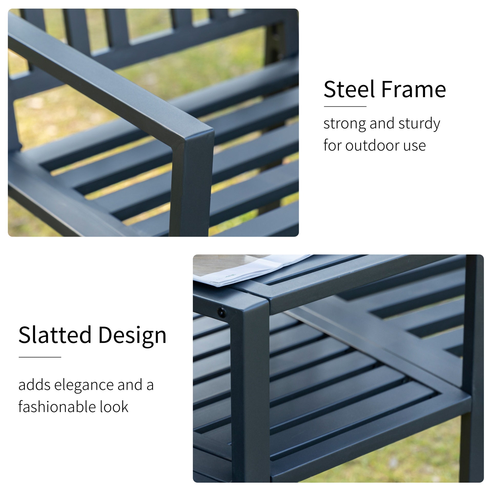 Outsunny Metal Garden Bench with Middle Table and Umbrella Hole, 2-in-1 Double Patio Chairs, Outdoor 2-person Tete-a-Tete, Slatted, Black