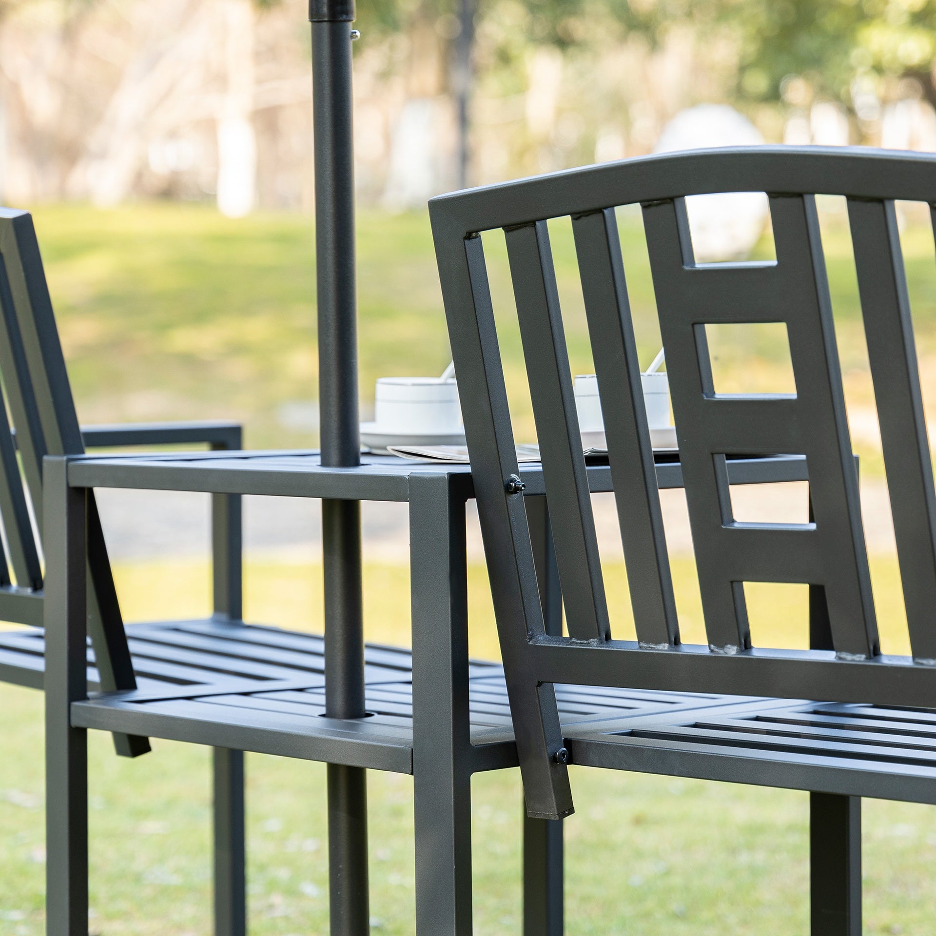 Outsunny Metal Garden Bench with Middle Table and Umbrella Hole, 2-in-1 Double Patio Chairs, Outdoor 2-person Tete-a-Tete, Slatted, Black