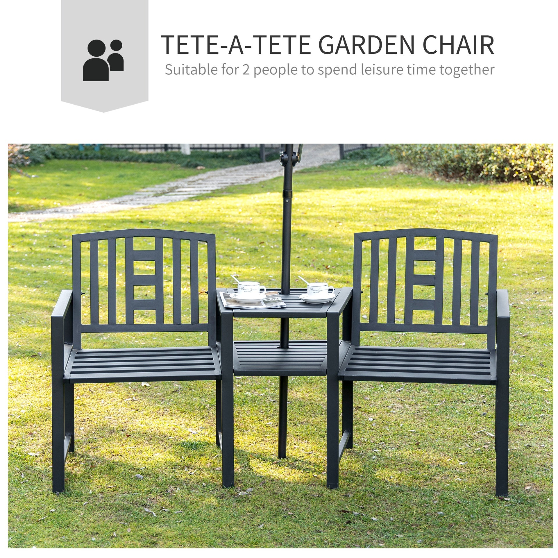 Outsunny Metal Garden Bench with Middle Table and Umbrella Hole, 2-in-1 Double Patio Chairs, Outdoor 2-person Tete-a-Tete, Slatted, Black