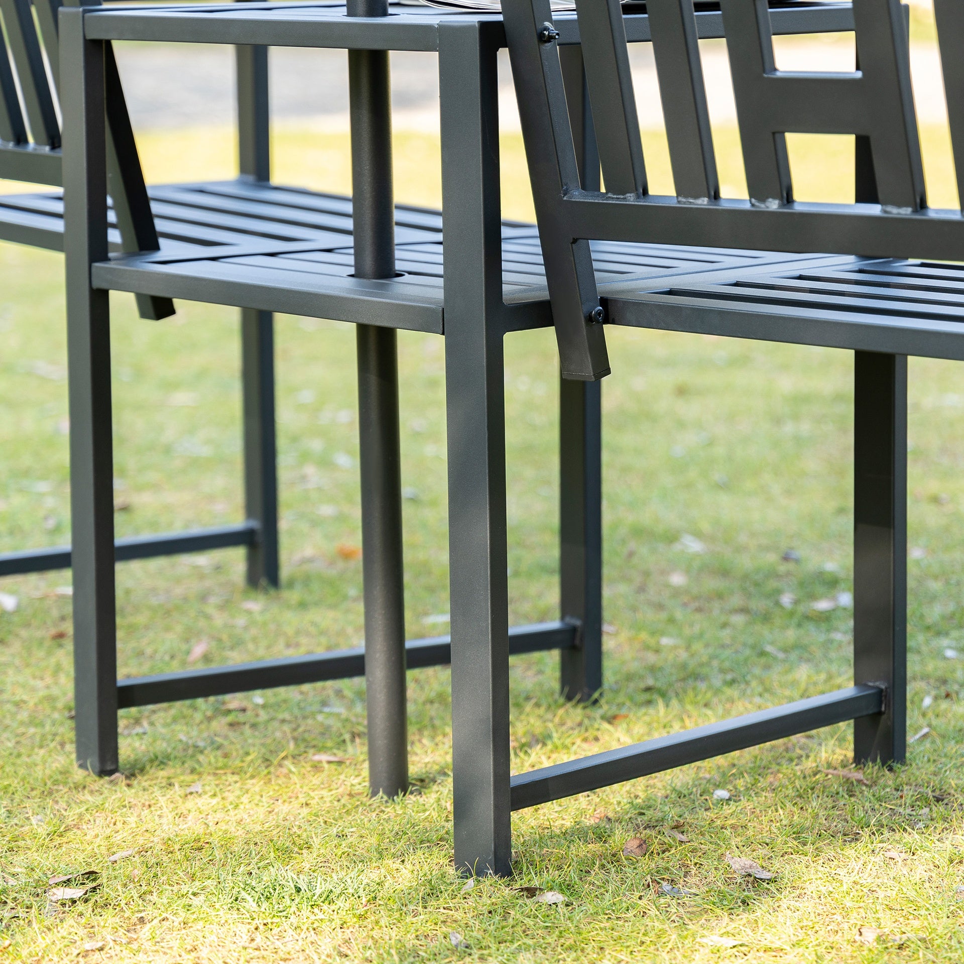 Outsunny Metal Garden Bench with Middle Table and Umbrella Hole, 2-in-1 Double Patio Chairs, Outdoor 2-person Tete-a-Tete, Slatted, Black