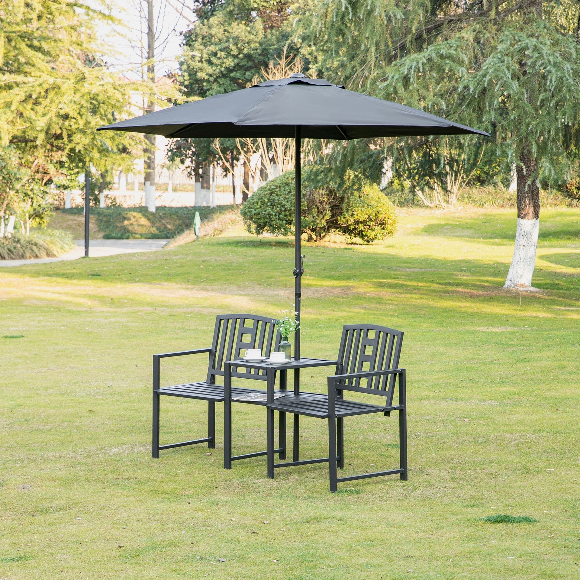 Outsunny Metal Garden Bench with Middle Table and Umbrella Hole, 2-in-1 Double Patio Chairs, Outdoor 2-person Tete-a-Tete, Slatted, Black