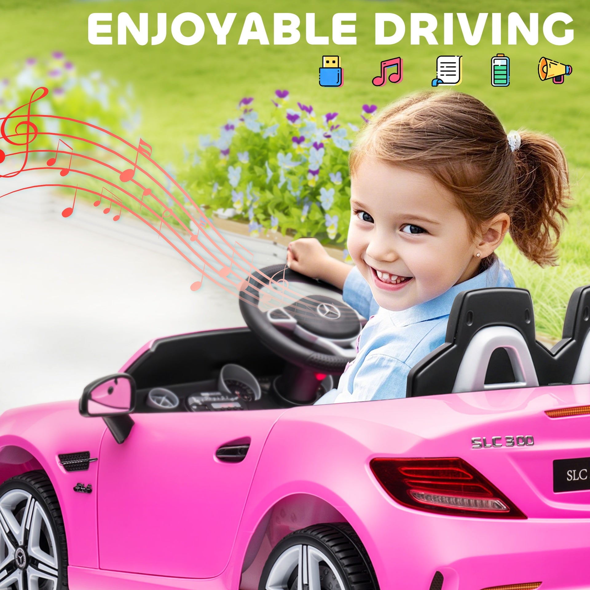 Aosom Mercedes SLC 300 Licensed Kids Electric Car with Remote Control, 12V Battery Powered Kids Ride on Car with Music, Lights, Suspension for 3-6 Years Old, Pink