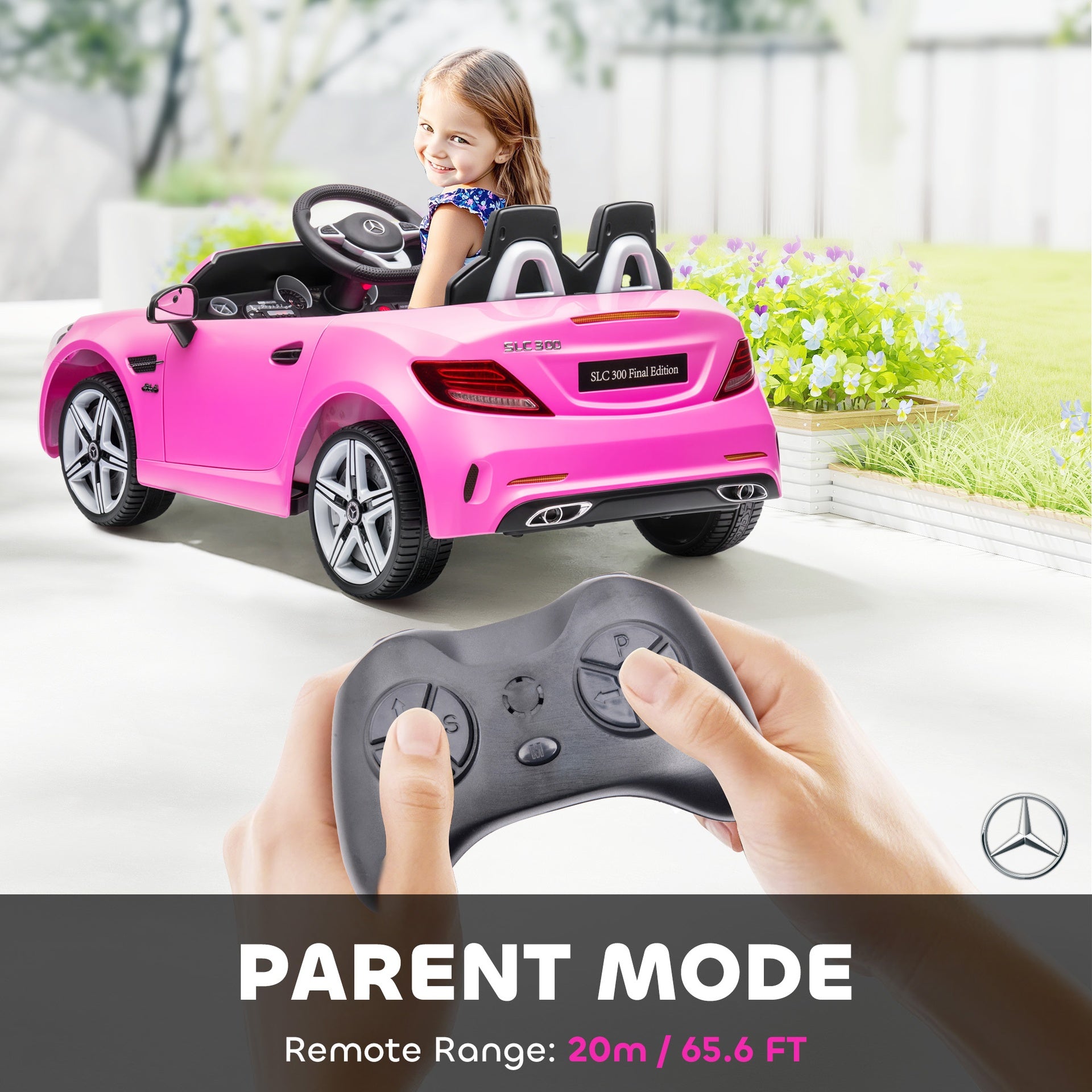 Aosom Mercedes SLC 300 Licensed Kids Electric Car with Remote Control, 12V Battery Powered Kids Ride on Car with Music, Lights, Suspension for 3-6 Years Old, Pink