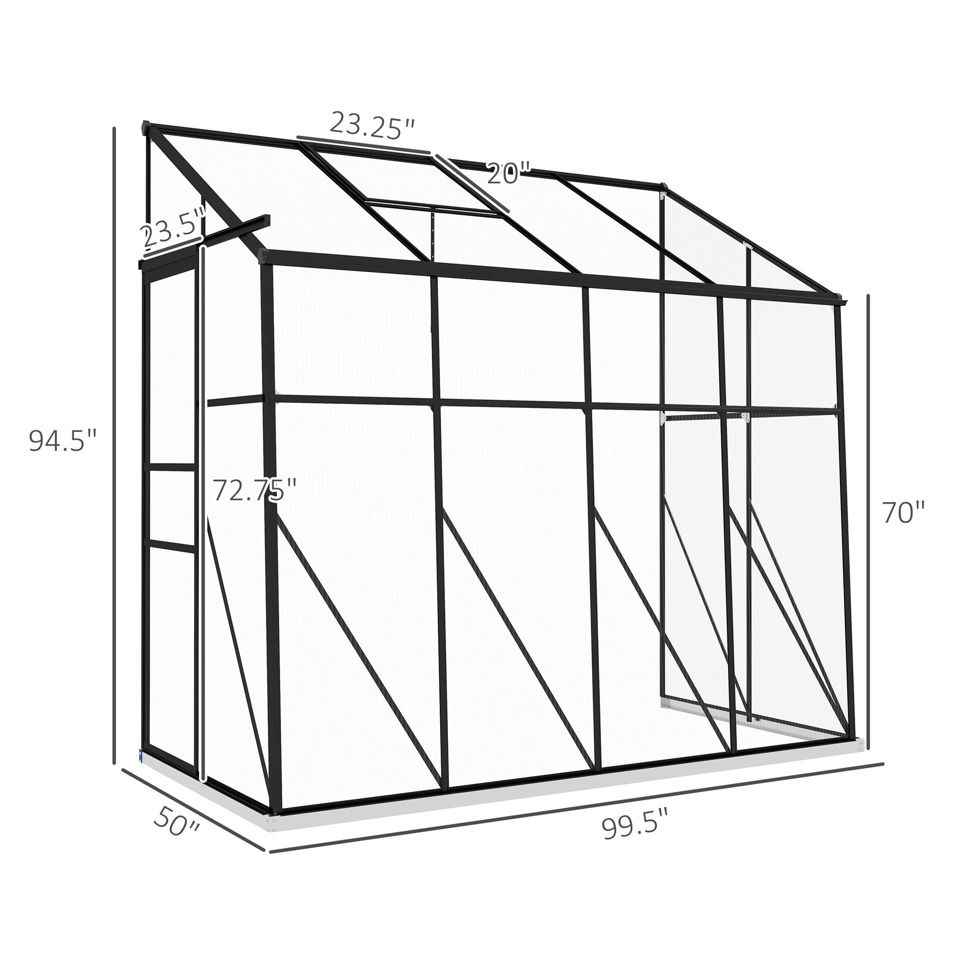 Outsunny 8' x 4' Walk-in Polycarbonate Greenhouse, Lean-to Aluminum Green House with Rain Gutter and Foundation, Black