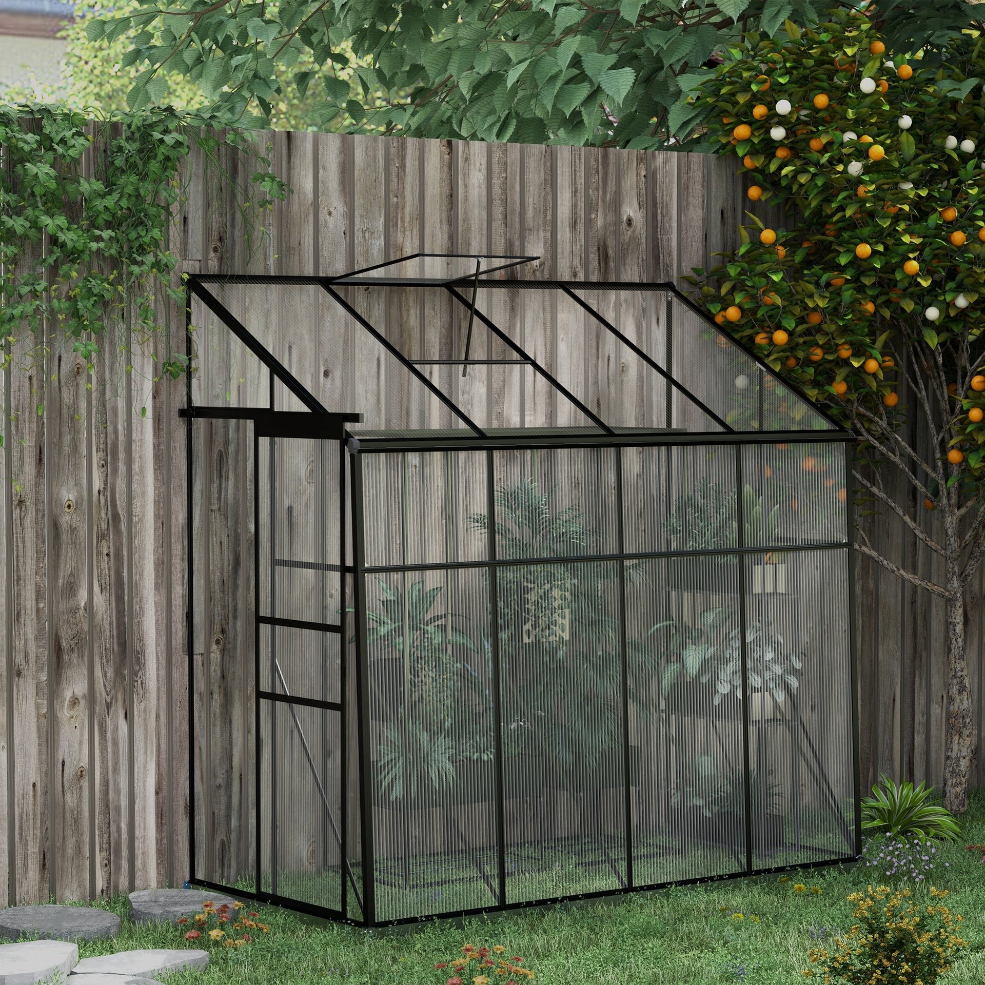 Outsunny 8' x 4' Walk-in Polycarbonate Greenhouse, Lean-to Aluminum Green House with Rain Gutter and Foundation, Black