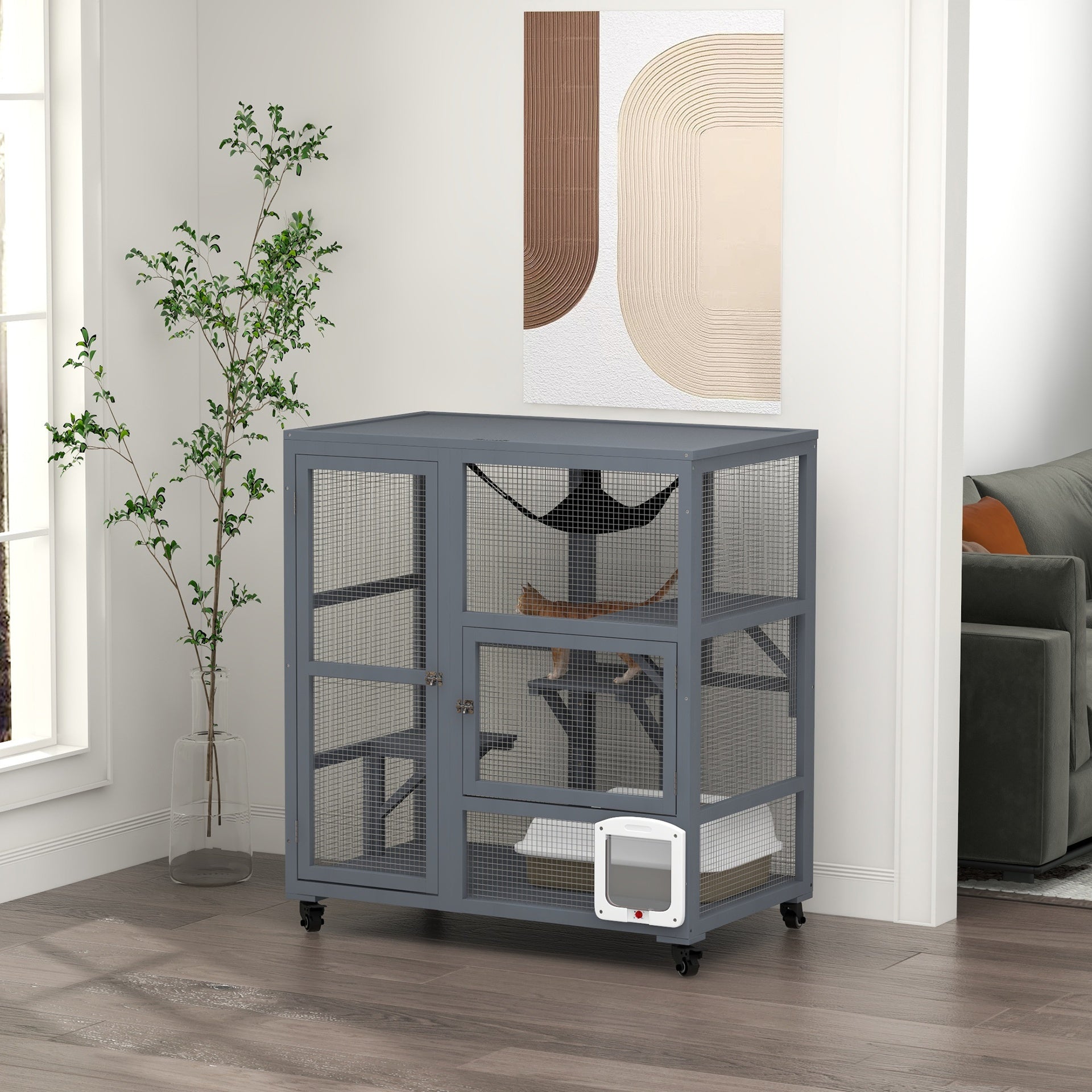PawHut Cat House, Indoor Cat Enclosure on Wheels with Openable Top, 39"
