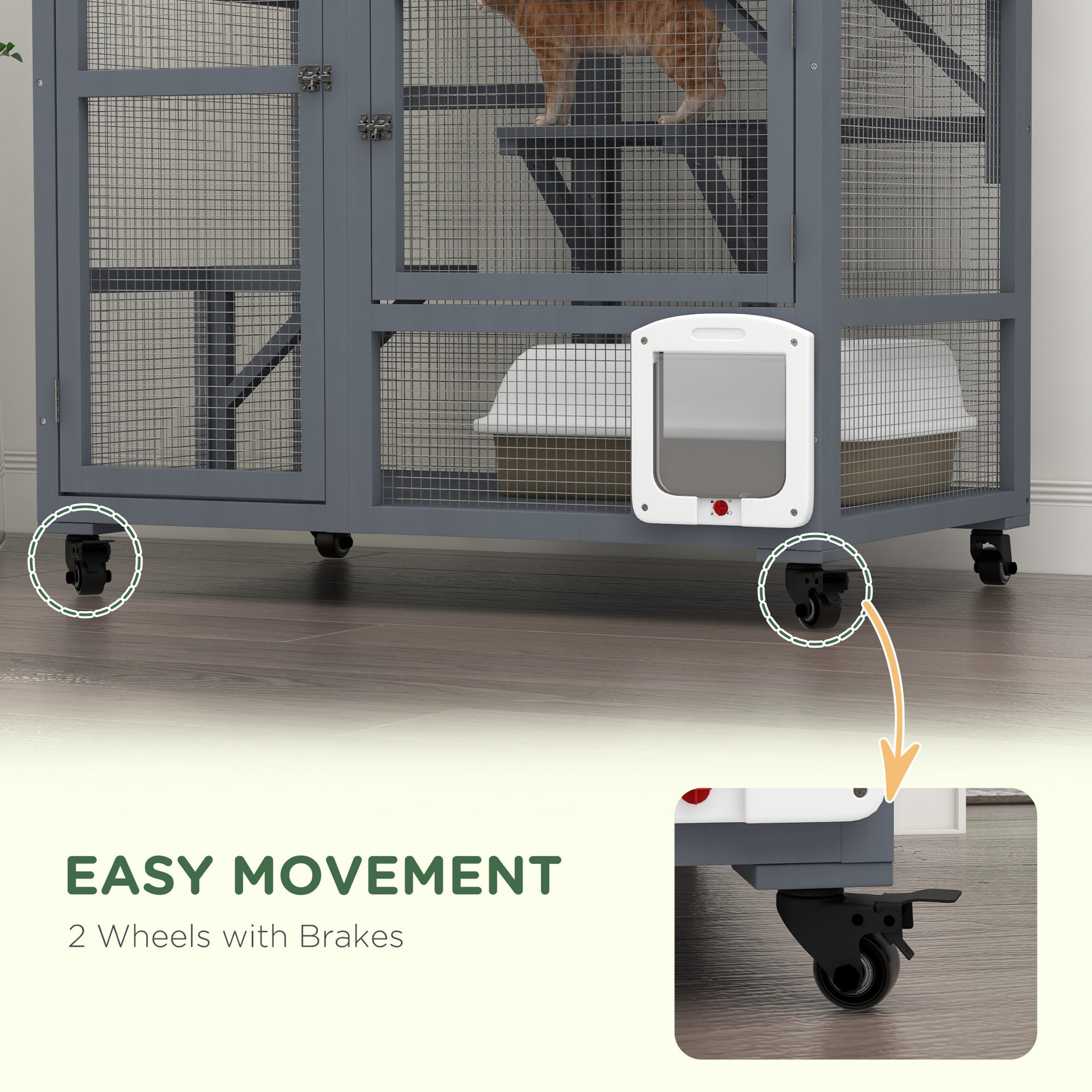 PawHut Cat House, Indoor Cat Enclosure on Wheels with Openable Top, 39"