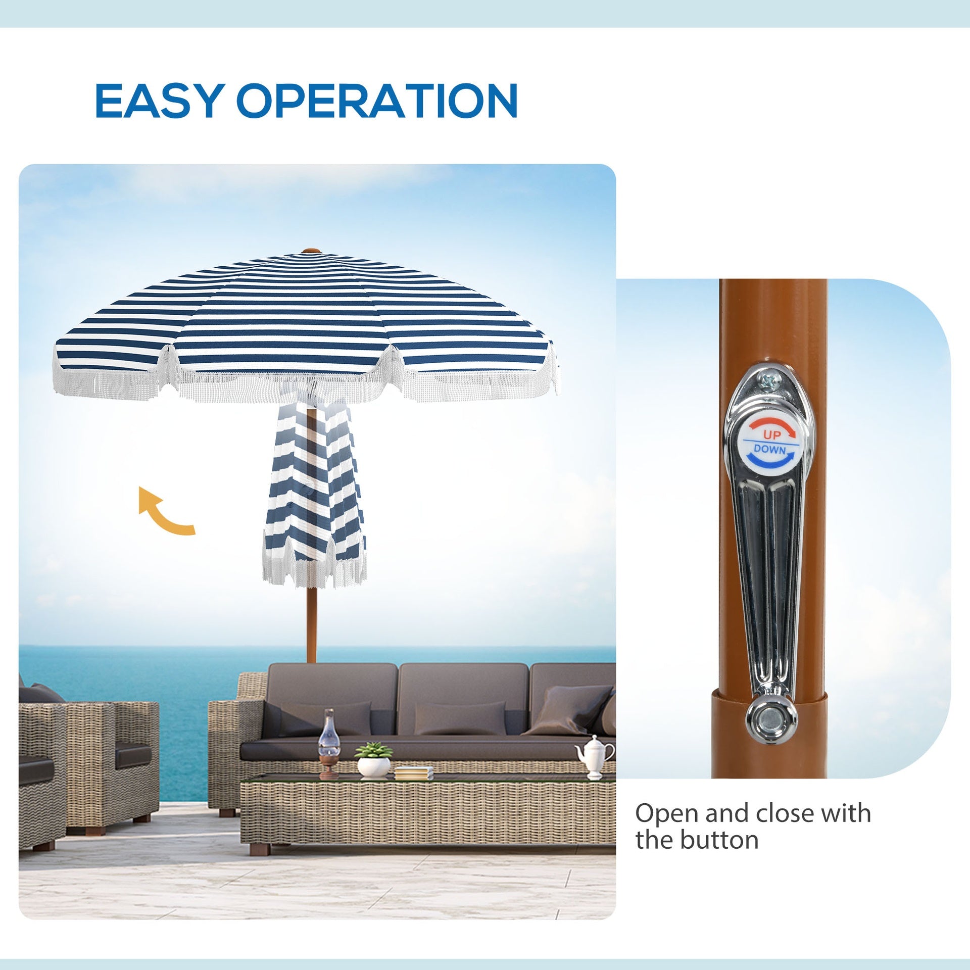 Outsunny 7 x 7 ft Outdoor Umbrella with Tilt, Vent, Patio Market Table Umbrella Parasol with Fringed Ruffles and Flounce, Blue