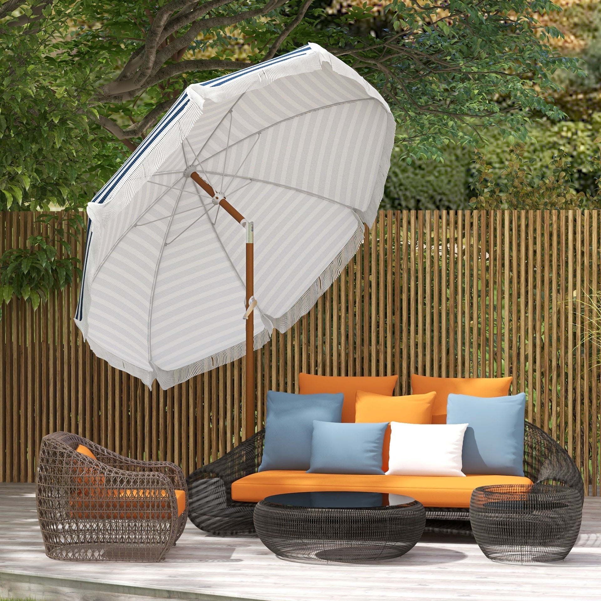 Outsunny 7 x 7 ft Outdoor Umbrella with Tilt, Vent, Patio Market Table Umbrella Parasol with Fringed Ruffles and Flounce, Blue