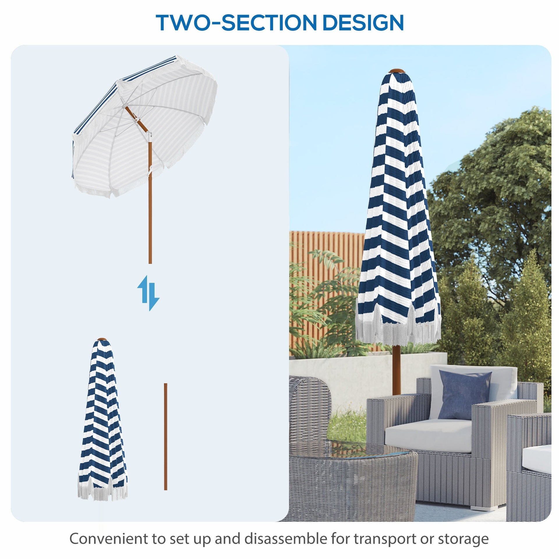 Outsunny 7 x 7 ft Outdoor Umbrella with Tilt, Vent, Patio Market Table Umbrella Parasol with Fringed Ruffles and Flounce, Blue