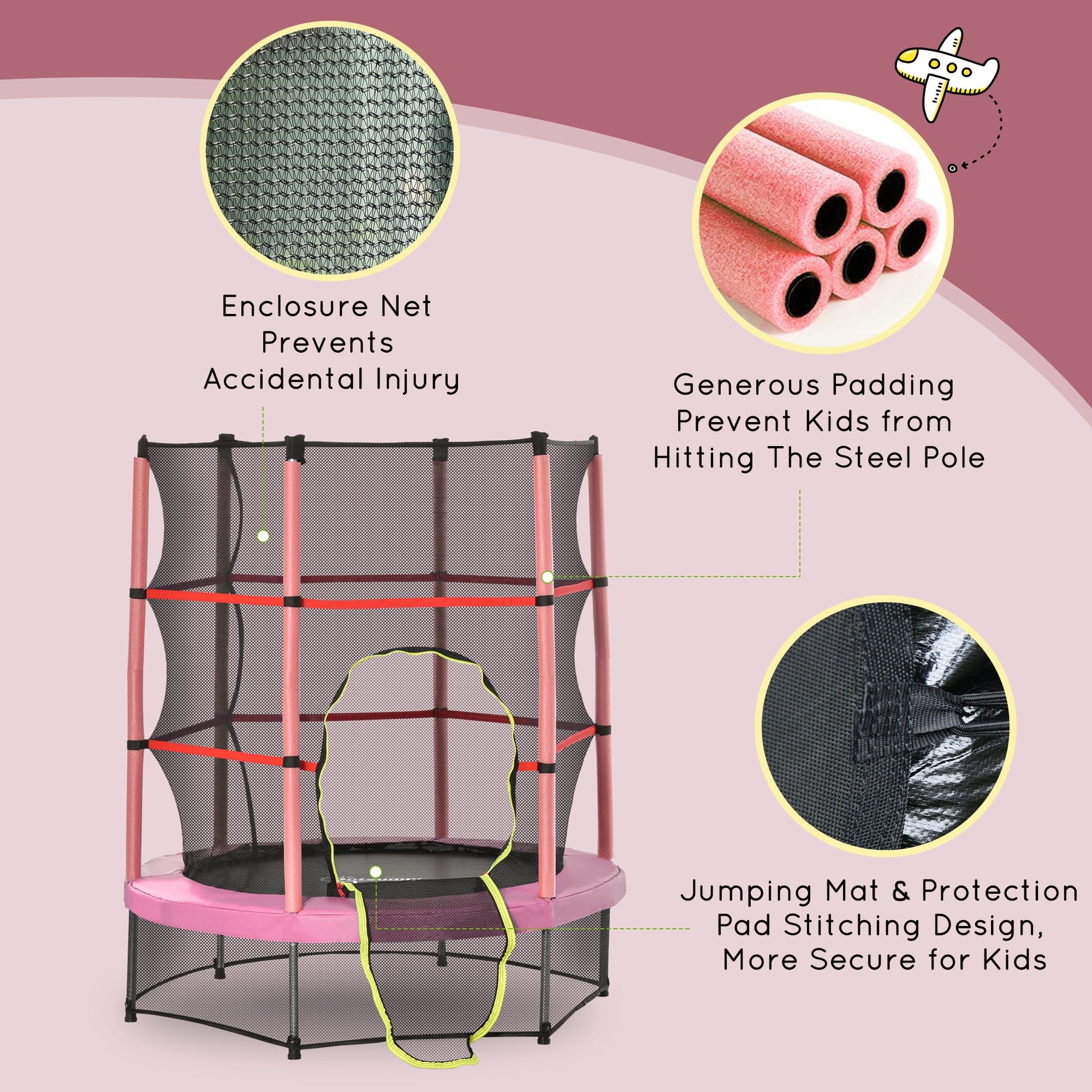 Outsunny Φ5FT Kids Trampoline with Enclosure Net for Age 3 to 6 Years Pink