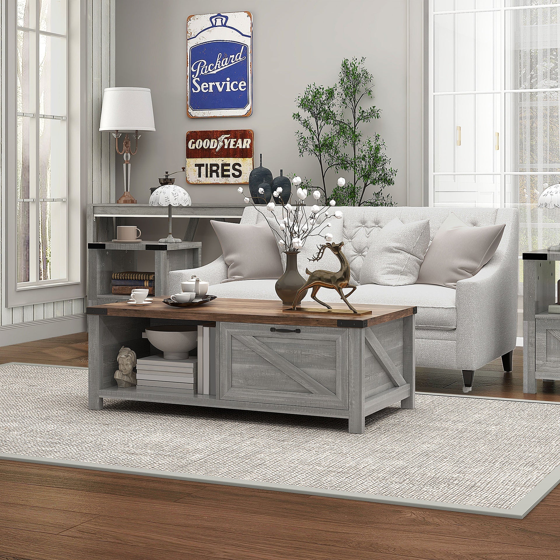 HOMCOM Coffee Table with Storage, Farmhouse Living Room Table with Storage Drawer and Open Shelf, Distressed Gray