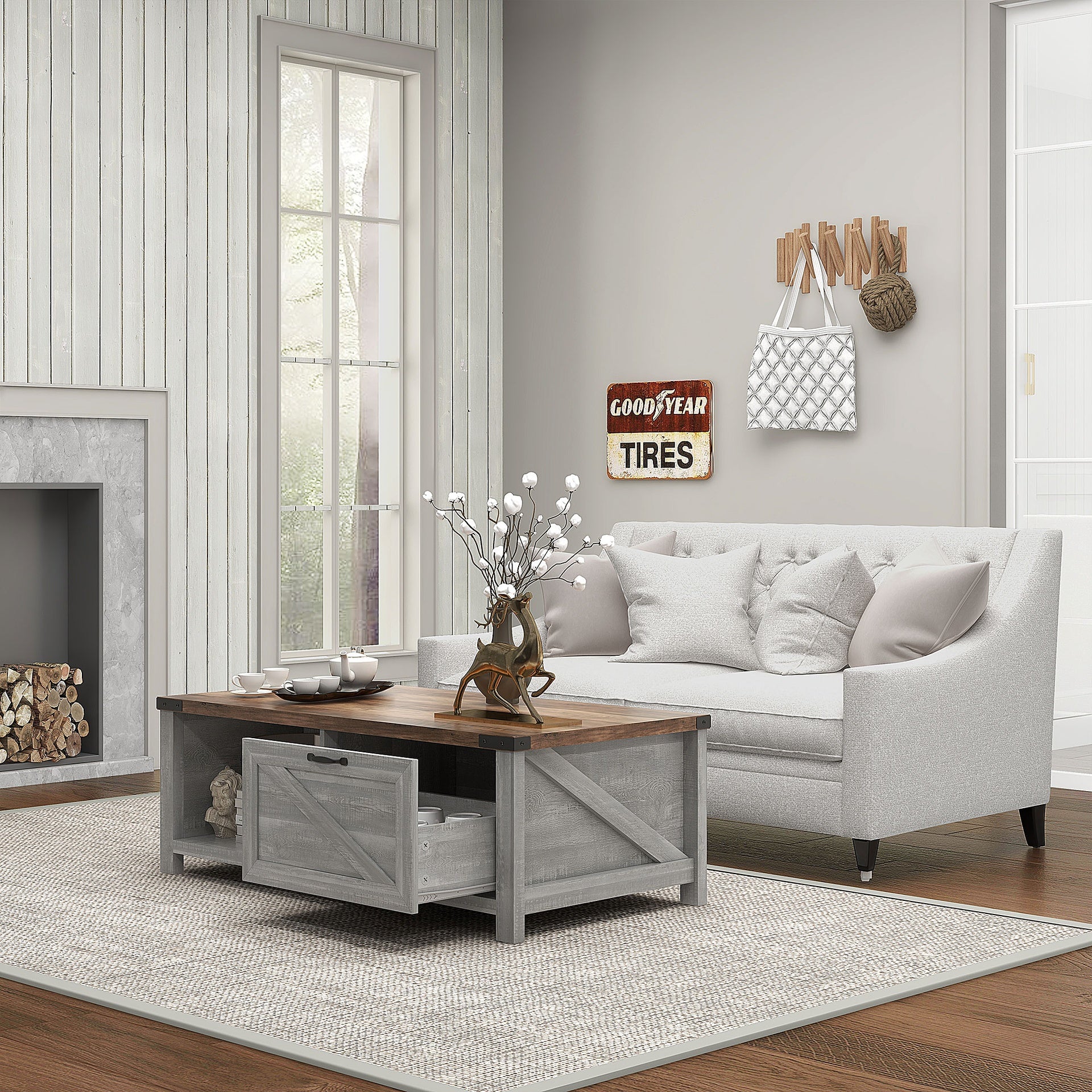 HOMCOM Coffee Table with Storage, Farmhouse Living Room Table with Storage Drawer and Open Shelf, Distressed Gray