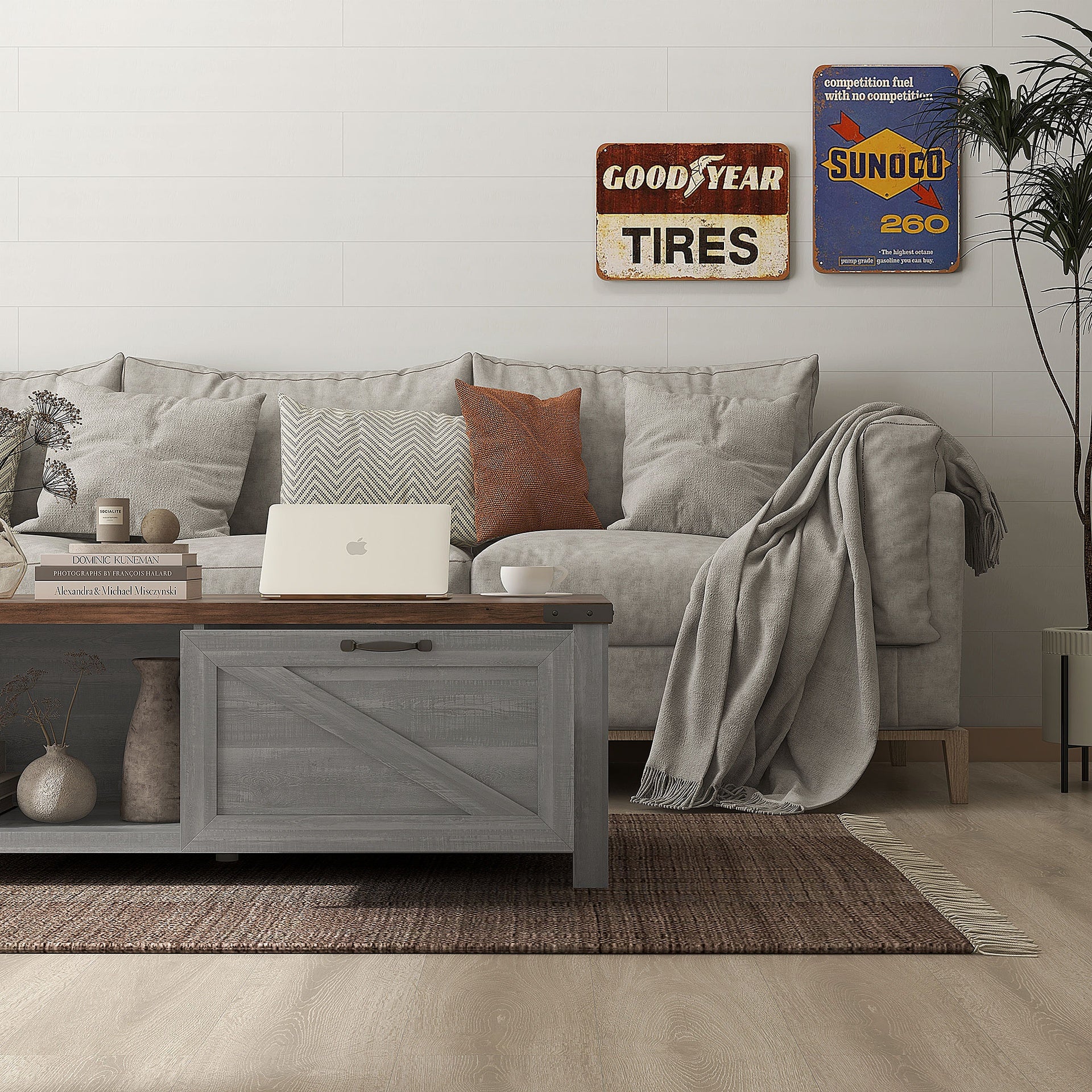 HOMCOM Coffee Table with Storage, Farmhouse Living Room Table with Storage Drawer and Open Shelf, Distressed Gray