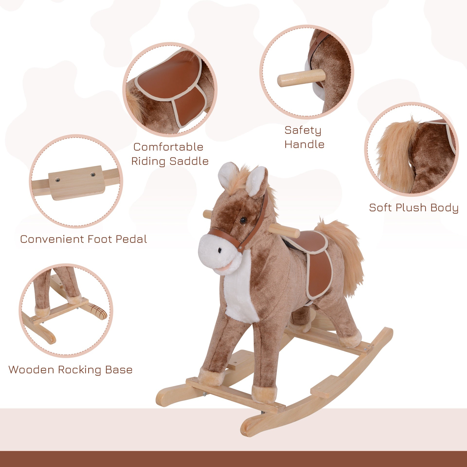 Qaba Kids Rocking Horse with Soft Plush Body, Wooden Base & Handle Grip for Years 3+