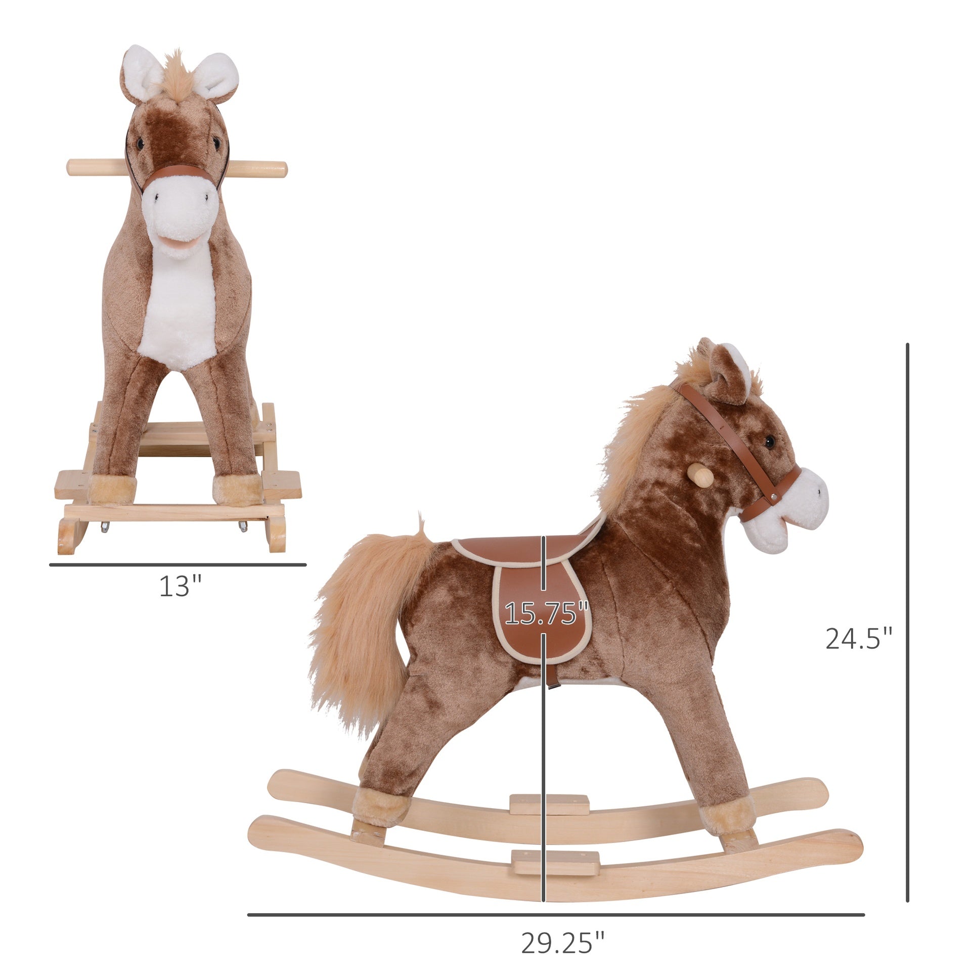 Qaba Kids Rocking Horse with Soft Plush Body, Wooden Base & Handle Grip for Years 3+