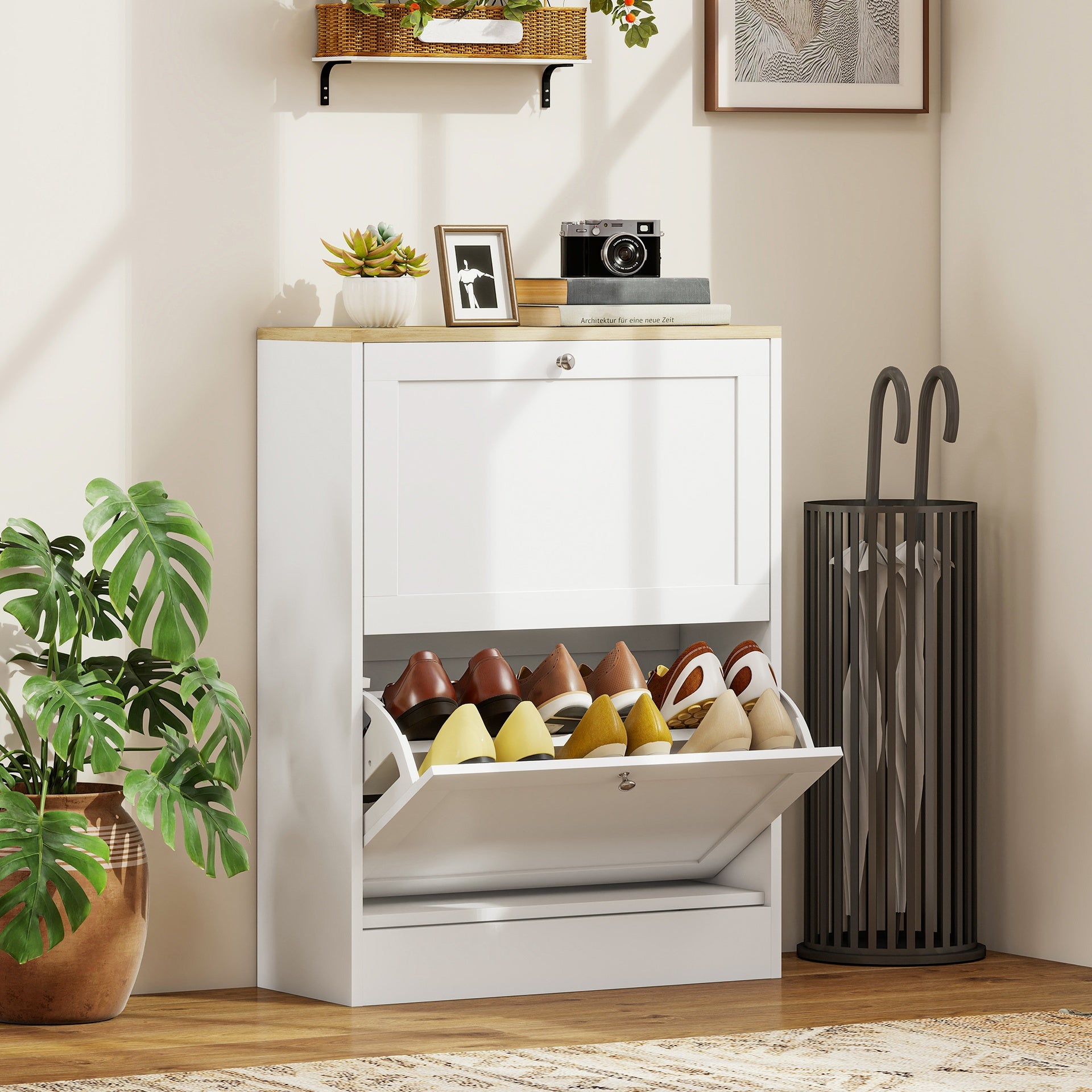 HOMCOM Slim Shoe Storage Cabinet, Modern Shoe Cabinet with 2 Flip Drawers and Adjustable Shelves for 8-12 Pairs, White