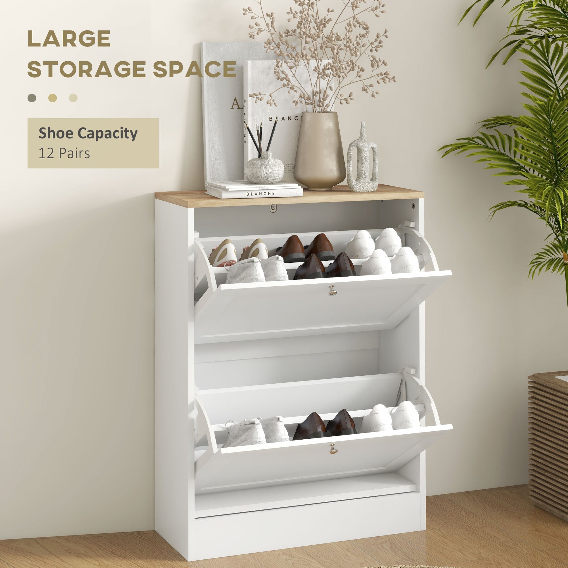 HOMCOM Slim Shoe Storage Cabinet, Modern Shoe Cabinet with 2 Flip Drawers and Adjustable Shelves for 8-12 Pairs, White