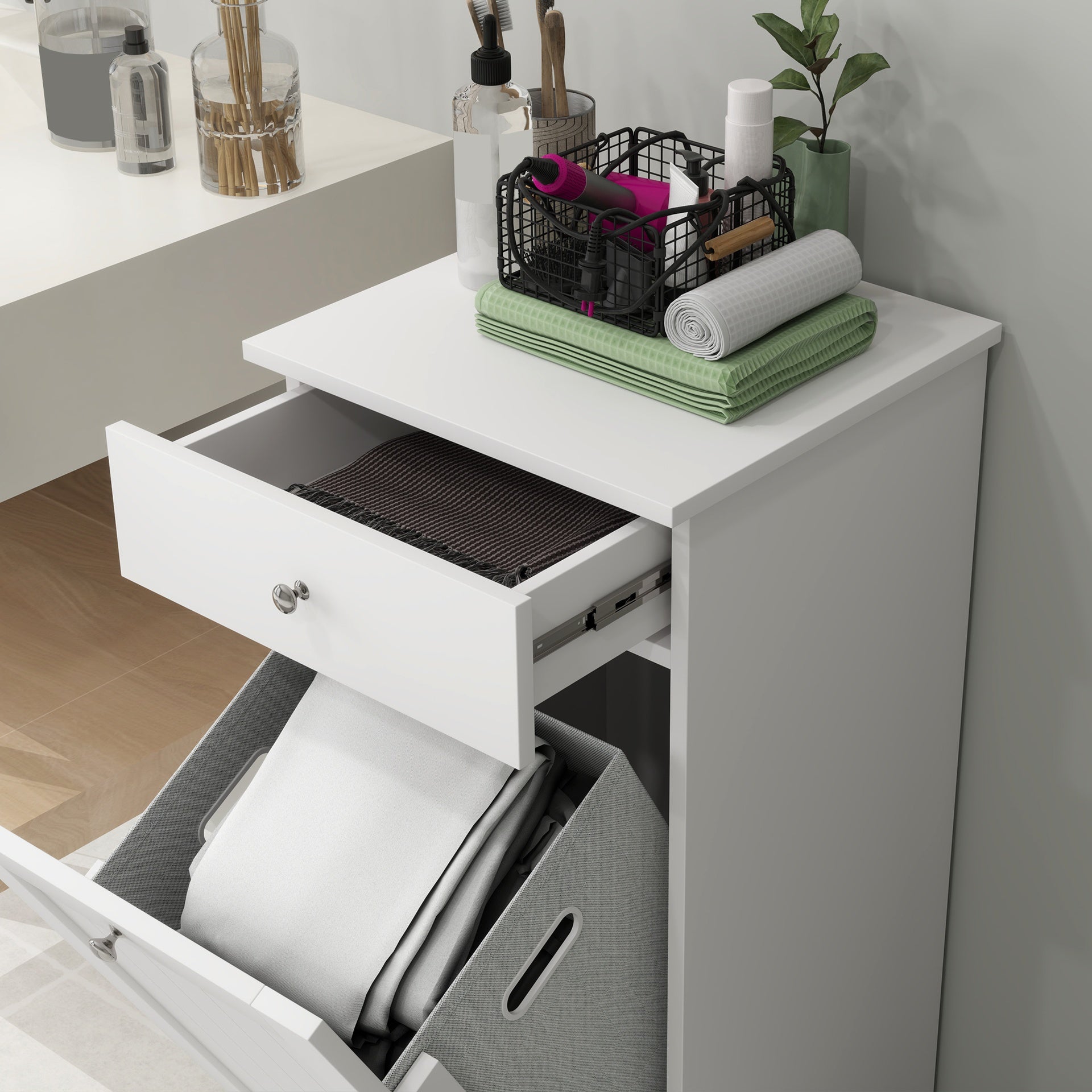 HOMCOM Laundry Hamper Cabinet, Laundry Cabinet with Tilt Out Laundry Basket and Drawer, White