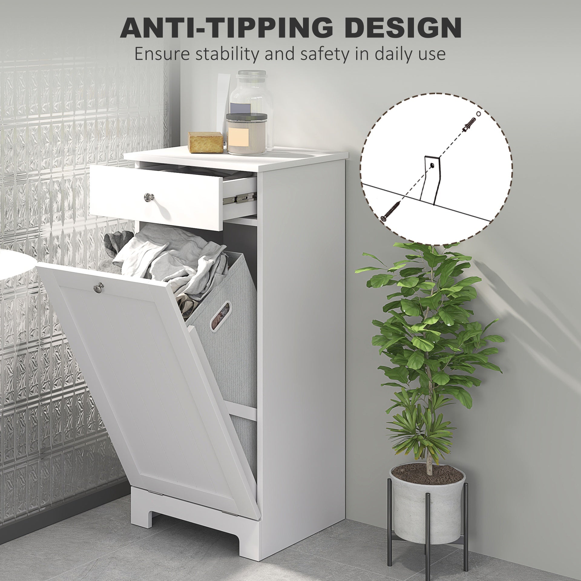 HOMCOM Laundry Hamper Cabinet, Laundry Cabinet with Tilt Out Laundry Basket and Drawer, White