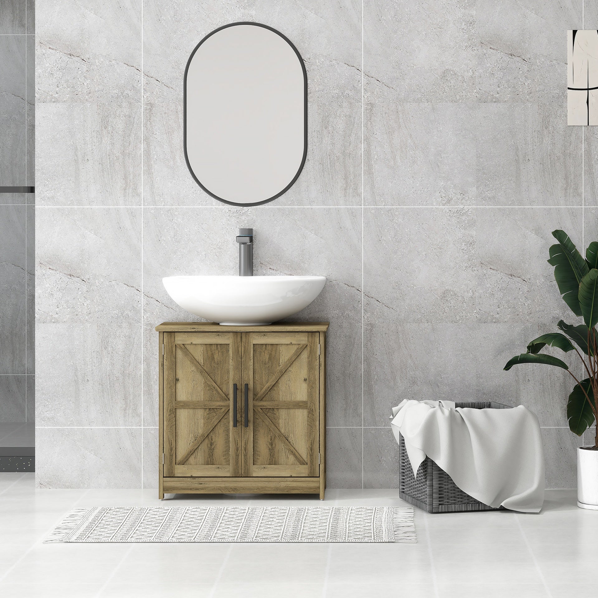 HOMCOM Farmhouse Pedestal Sink Storage Cabinet, Bathroom Sink Cabinet with 2 Barn Doors and Adjustable Shelf, Light Gray