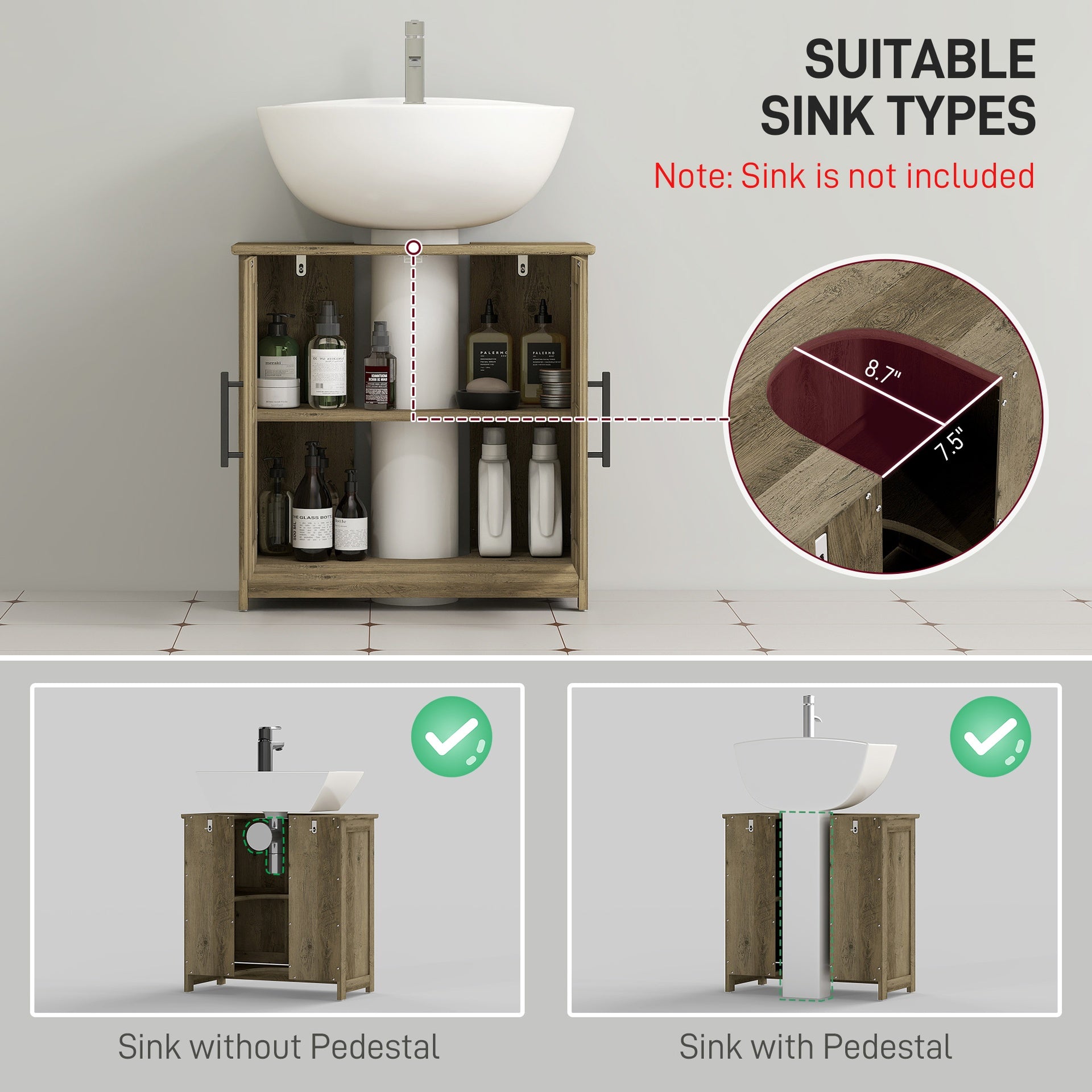 HOMCOM Farmhouse Pedestal Sink Storage Cabinet, Bathroom Sink Cabinet with 2 Barn Doors and Adjustable Shelf, Light Gray