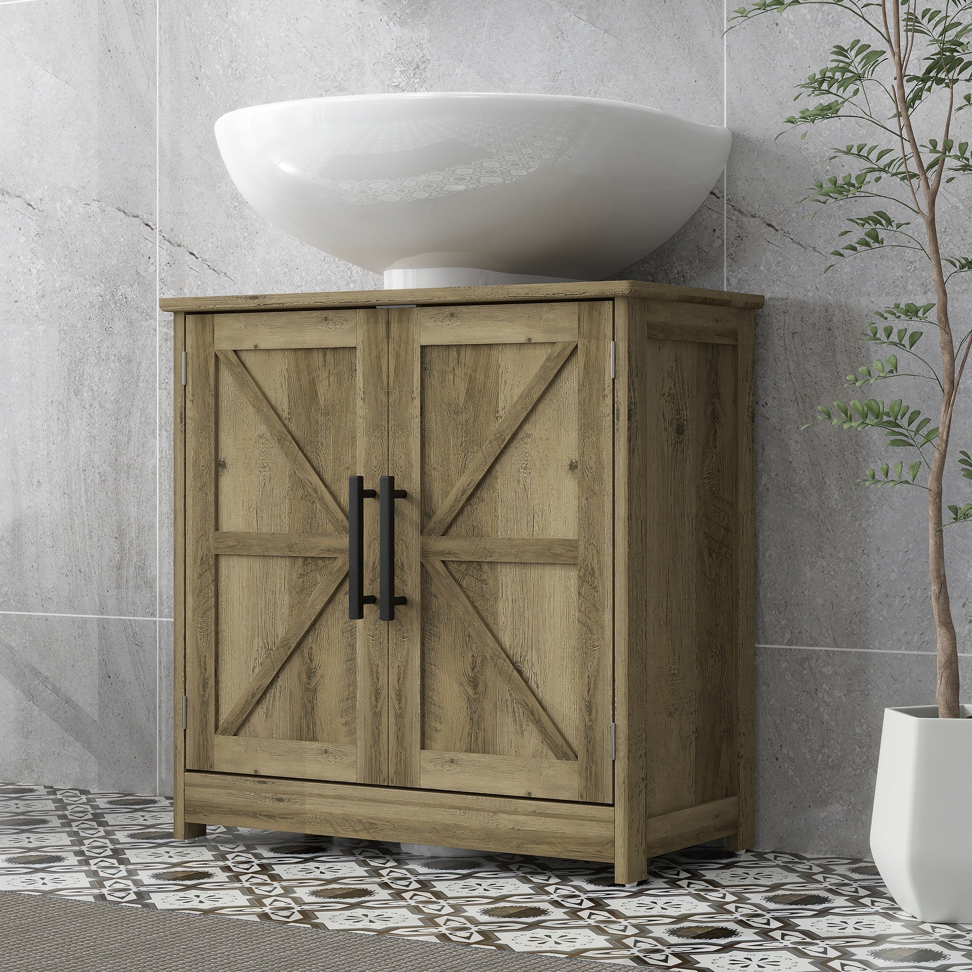 HOMCOM Farmhouse Pedestal Sink Storage Cabinet, Bathroom Sink Cabinet with 2 Barn Doors and Adjustable Shelf, Light Gray