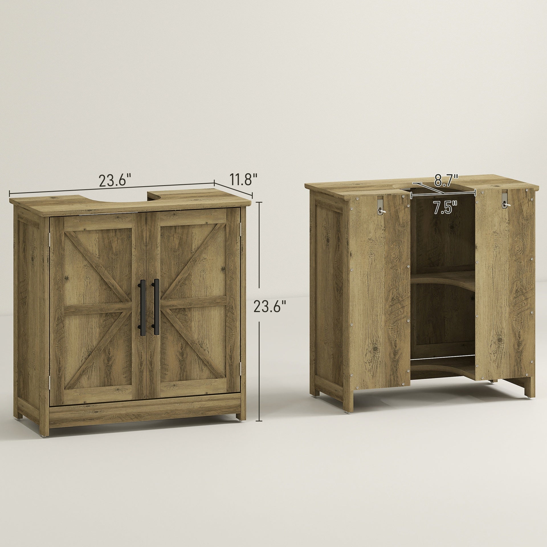 HOMCOM Farmhouse Pedestal Sink Storage Cabinet, Bathroom Sink Cabinet with 2 Barn Doors and Adjustable Shelf, Light Gray