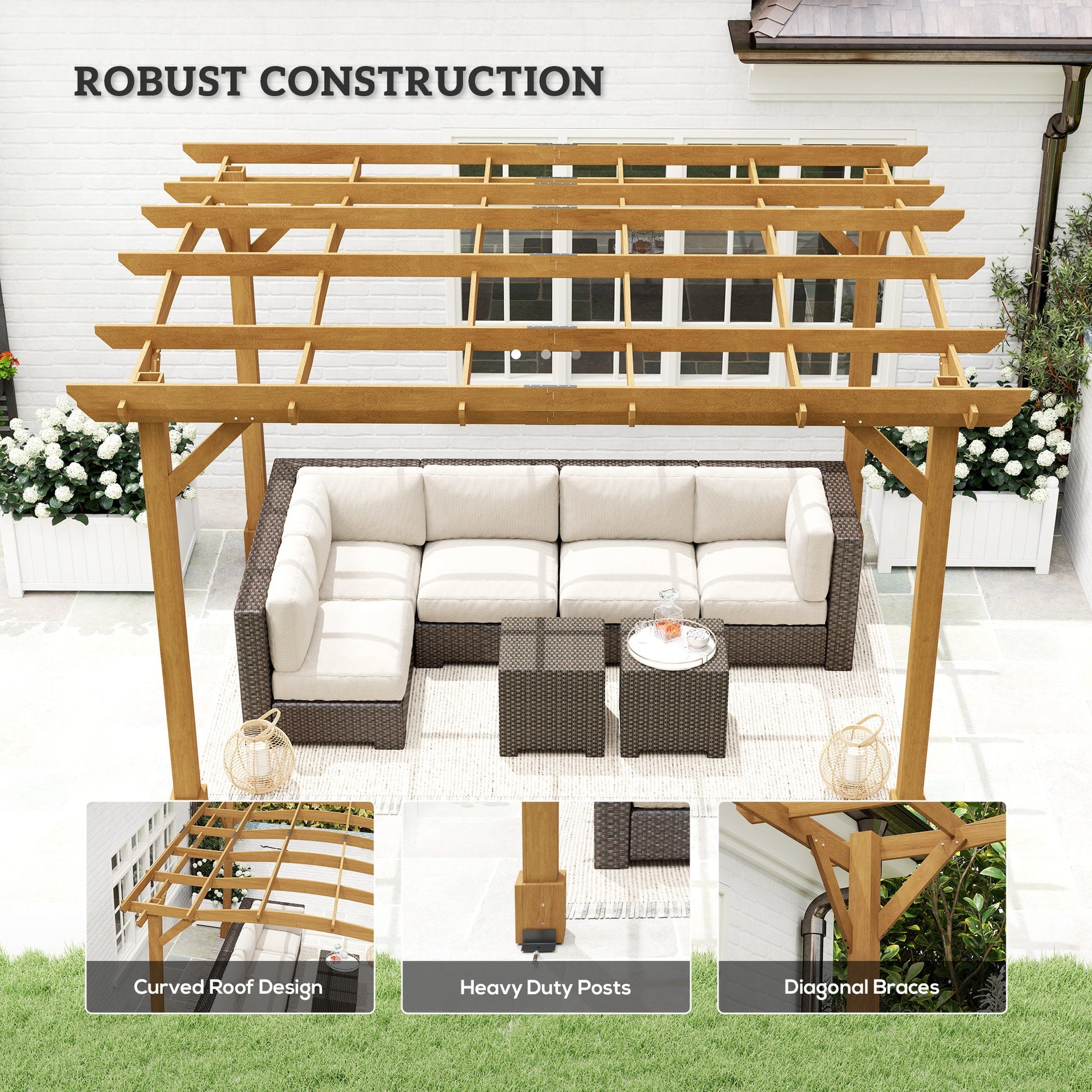 Outsunny 10' x 12' Wood Pergola, Outdoor Gazebo Grape Trellis with Arched Roof for Climbing Plant Support, Dark Brown