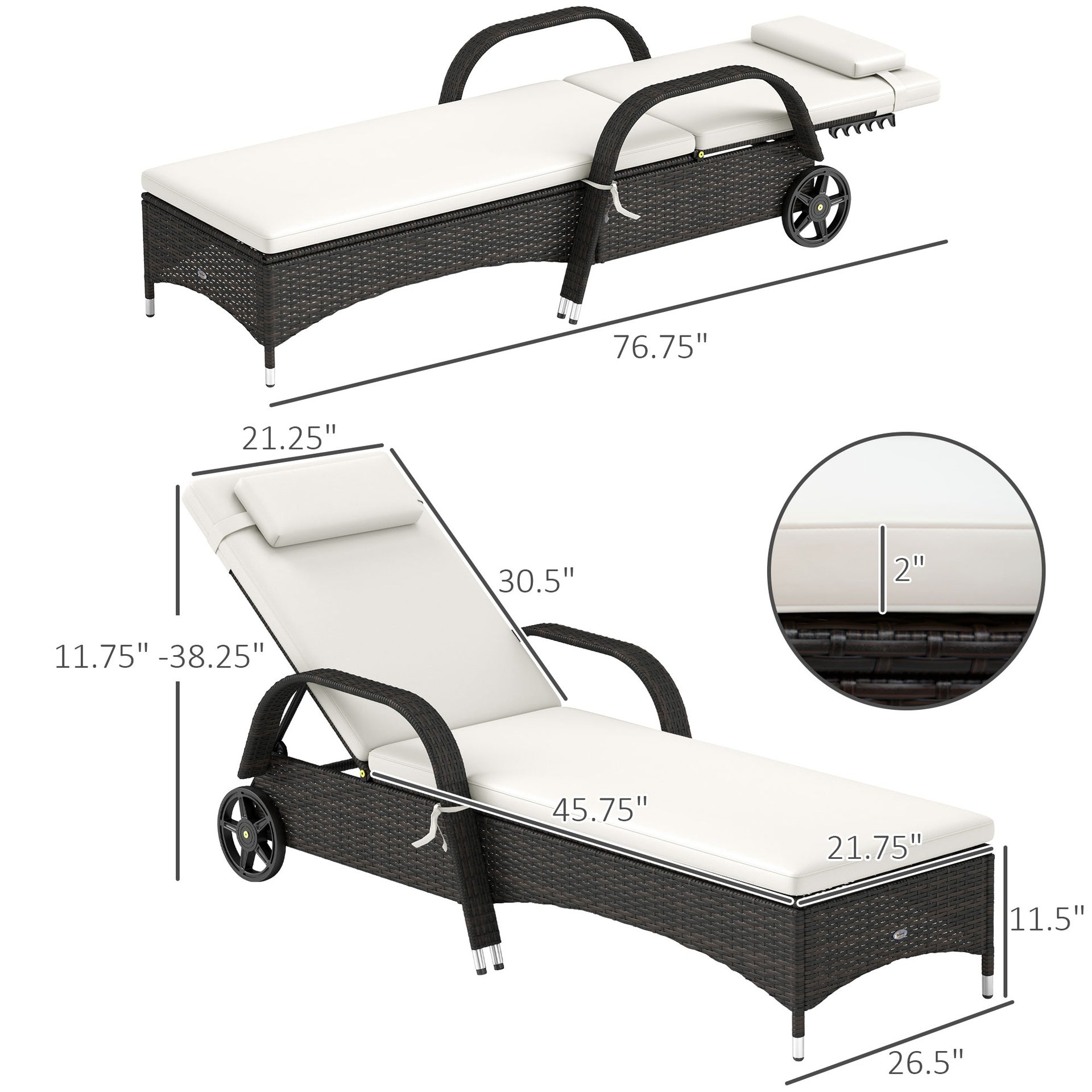 Outsunny Outdoor Chaise Lounge, 5-Level Adjustable Backrest Rattan Pool Lounge Chair with Wheels, Cushion & Headrest, Cream