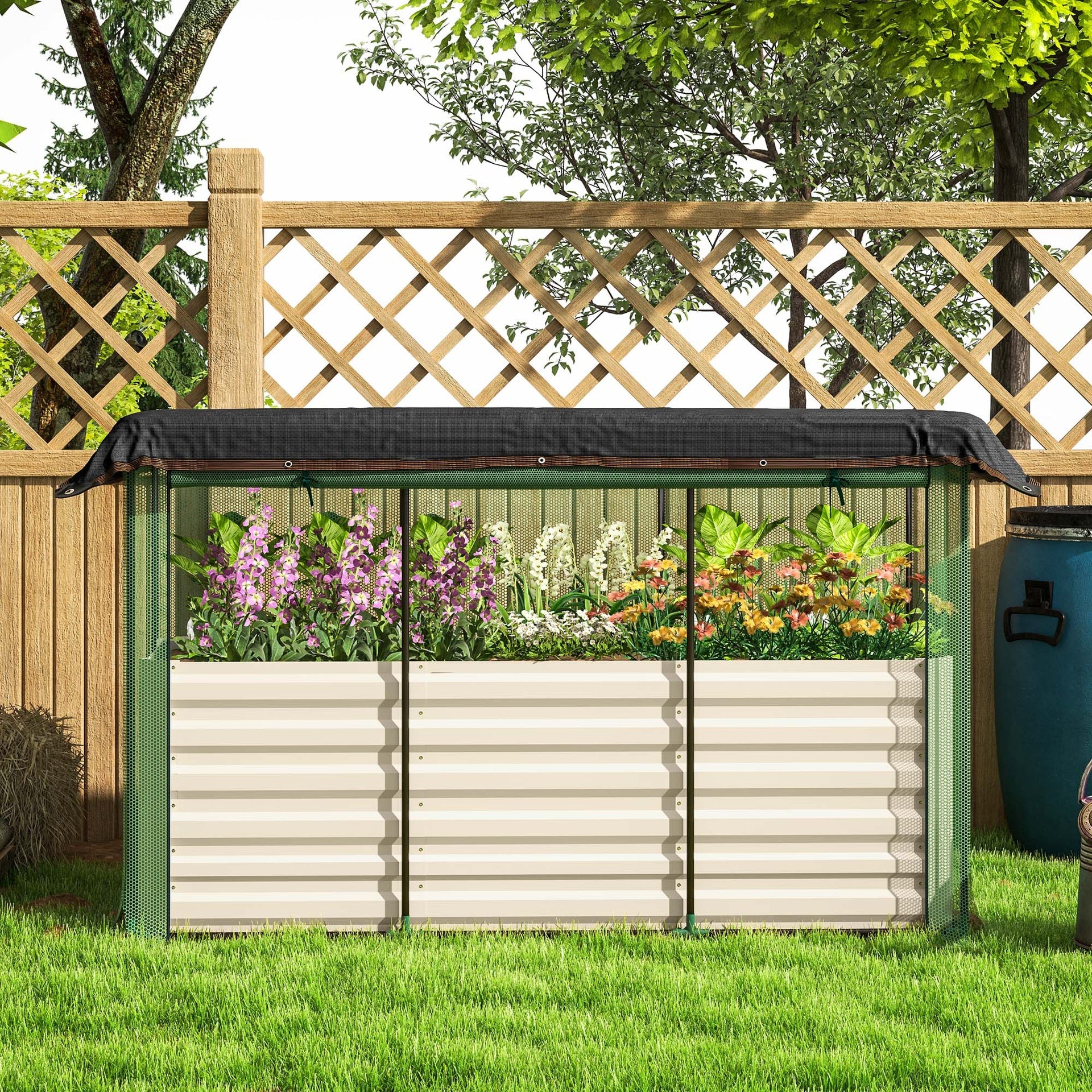 Outsunny Galvanized Steel Planter Box with Crop Cage and Shade Cloth, Raised Garden Bed for Flowers, Veggies and Herbs, Beige