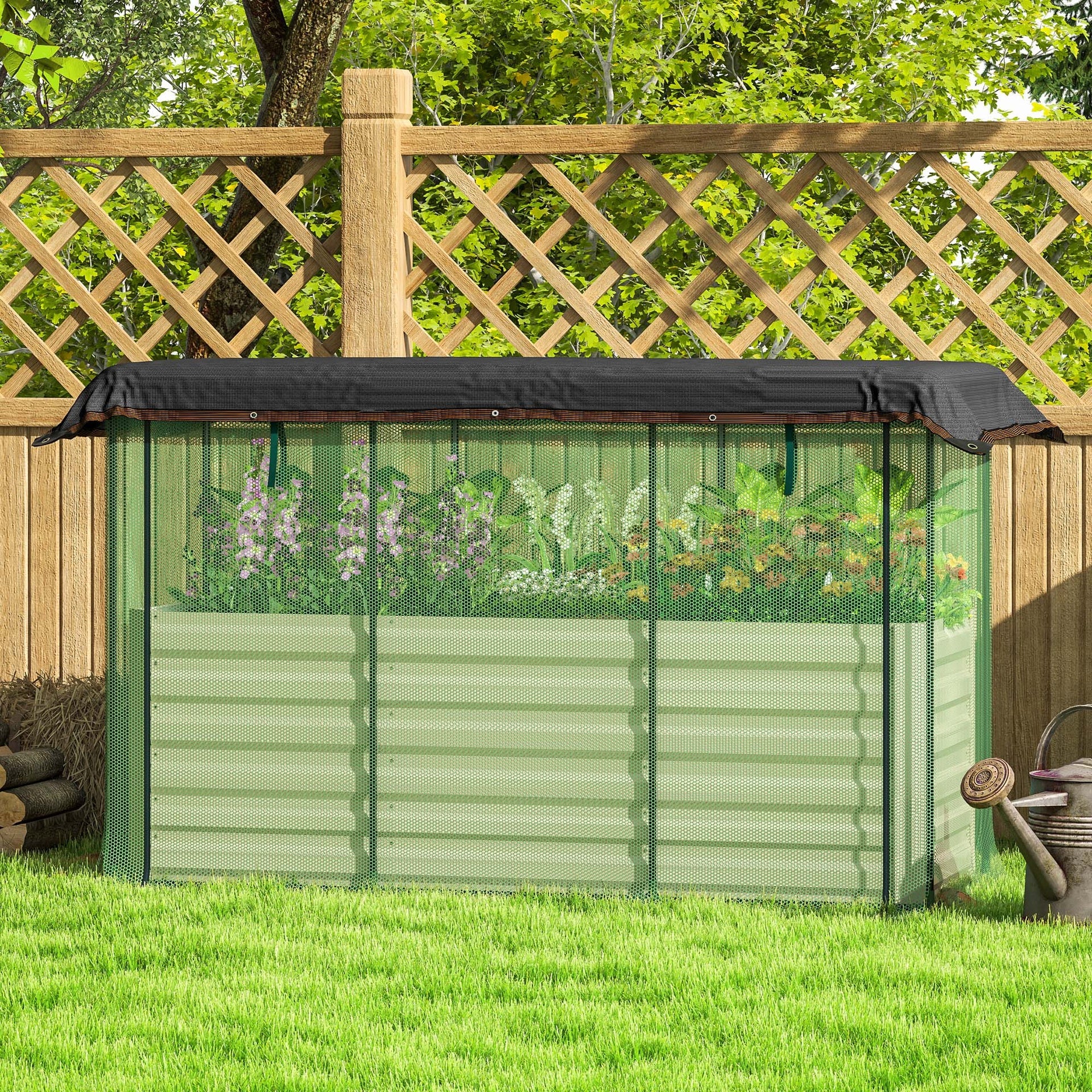 Outsunny Galvanized Steel Planter Box with Crop Cage and Shade Cloth, Raised Garden Bed for Flowers, Veggies and Herbs, Beige