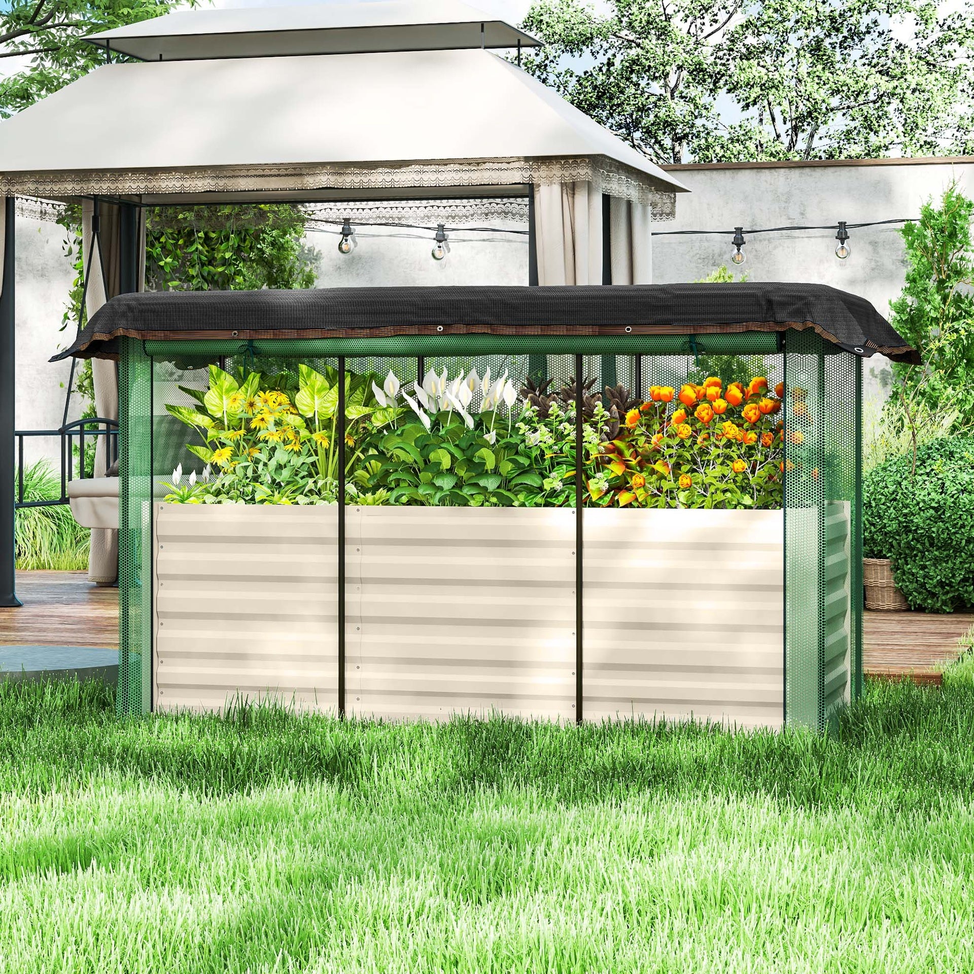 Outsunny Galvanized Steel Planter Box with Crop Cage and Shade Cloth, Raised Garden Bed for Flowers, Veggies and Herbs, Beige