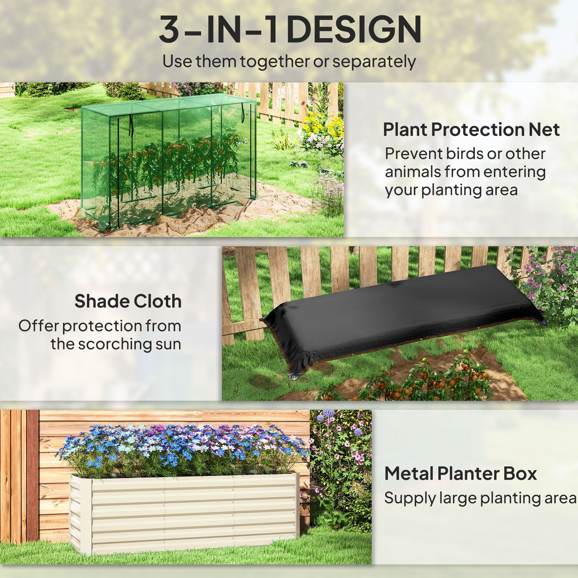 Outsunny Galvanized Steel Planter Box with Crop Cage and Shade Cloth, Raised Garden Bed for Flowers, Veggies and Herbs, Beige
