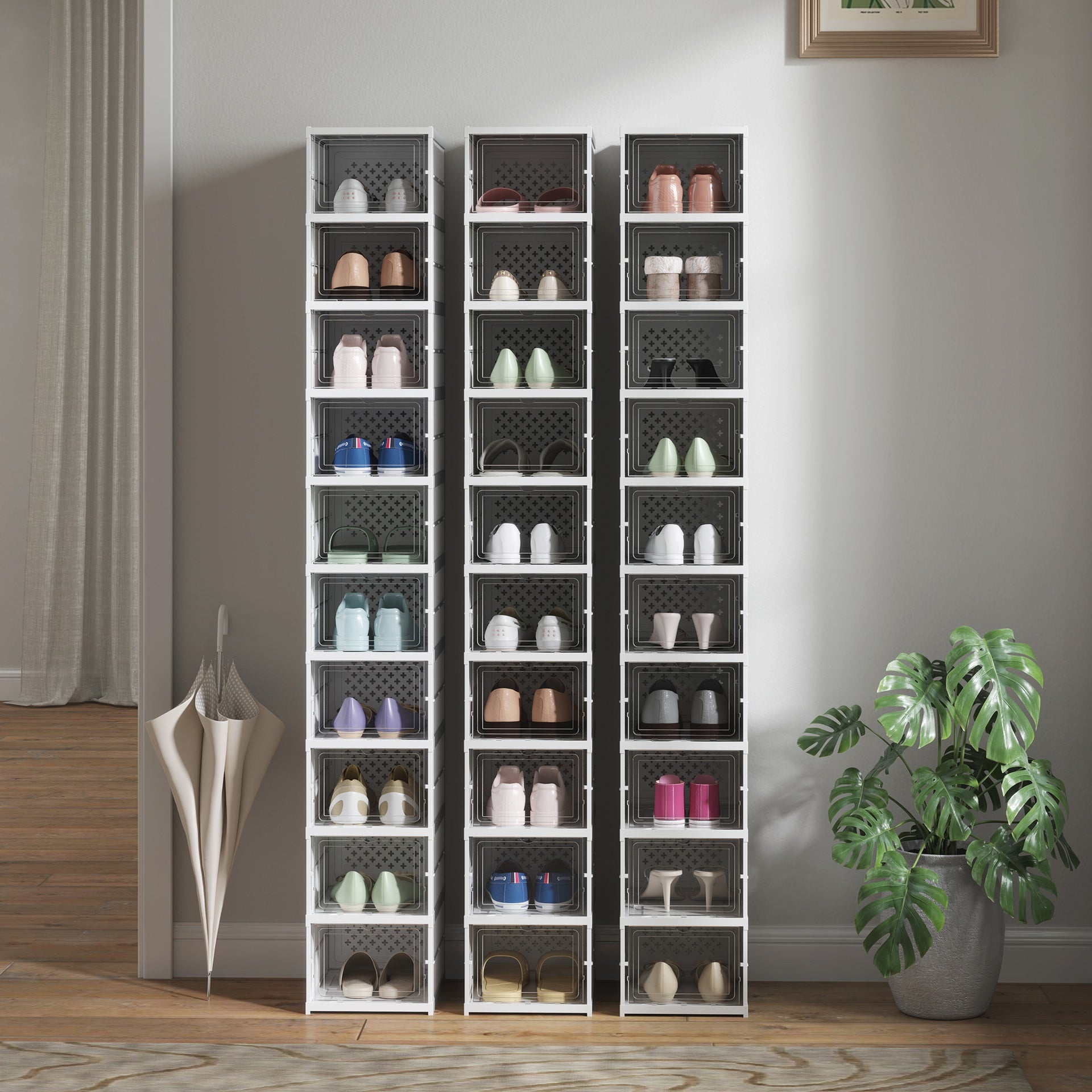 HOMCOM Stackable Plastic Shoe Boxes, 10 Pack Foldable Shoe Storage Boxes with Clear Door, No Assembly, Fit Size 10, White