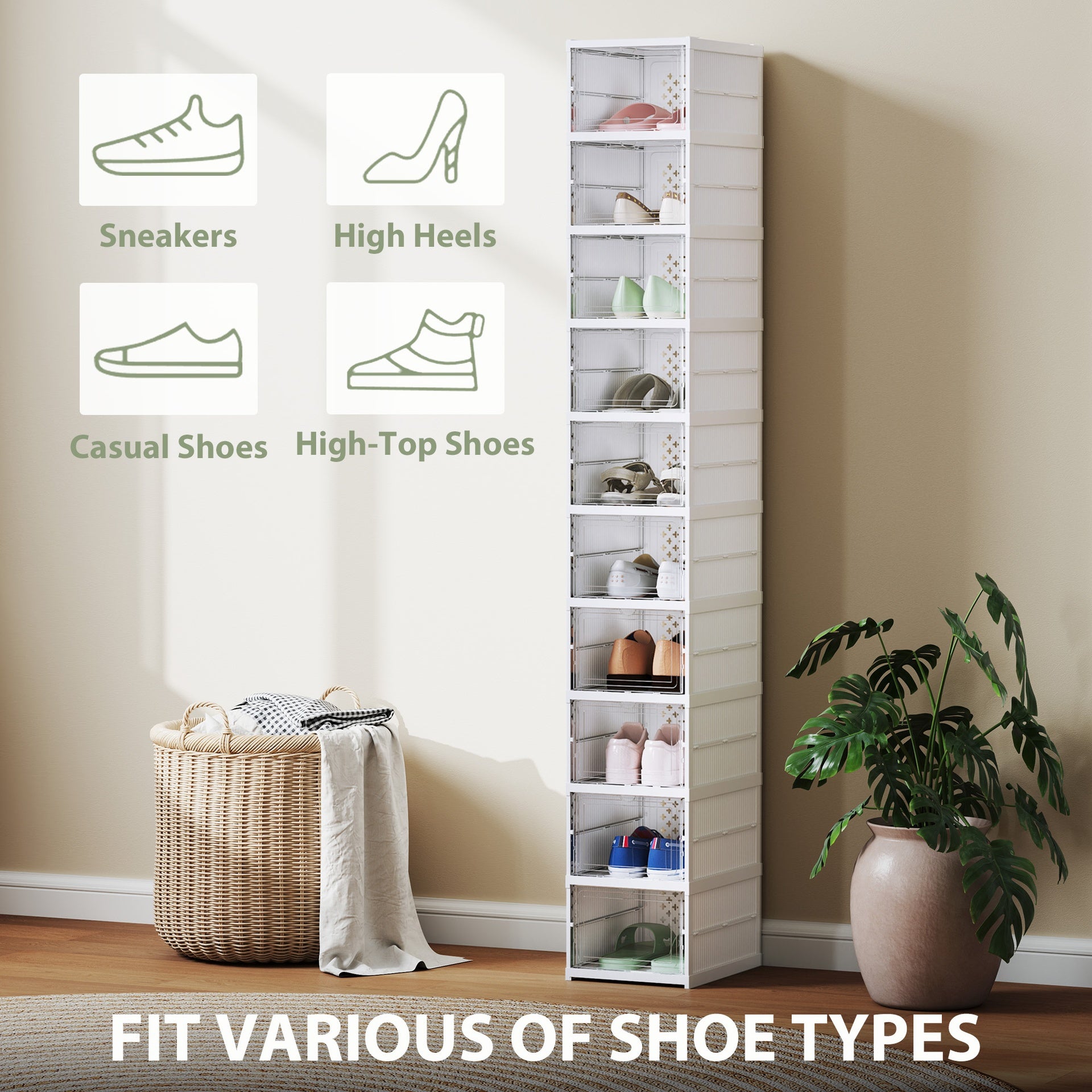 HOMCOM Stackable Plastic Shoe Boxes, 10 Pack Foldable Shoe Storage Boxes with Clear Door, No Assembly, Fit Size 10, White