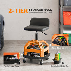 HOMCOM Rolling Creeper Garage Stool, 300 LBS Capacity Mechanic Stool with 360° Wheels, Tool Tray, Adjustable Height, Yellow
