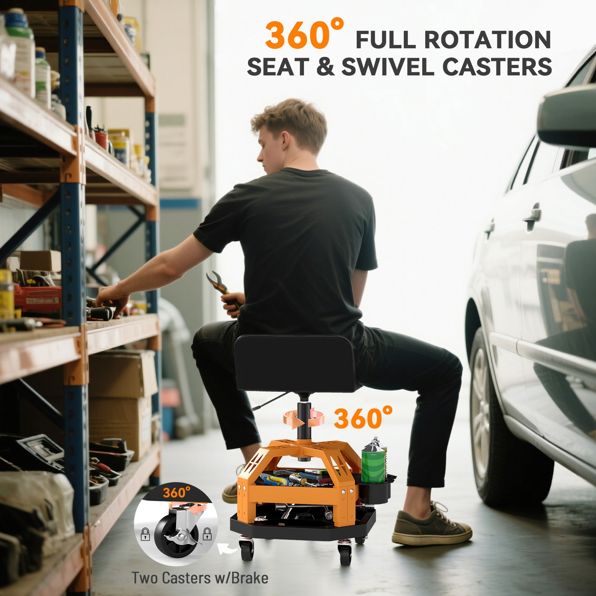 HOMCOM Rolling Creeper Garage Stool, 300 LBS Capacity Mechanic Stool with 360° Wheels, Tool Tray, Adjustable Height, Yellow