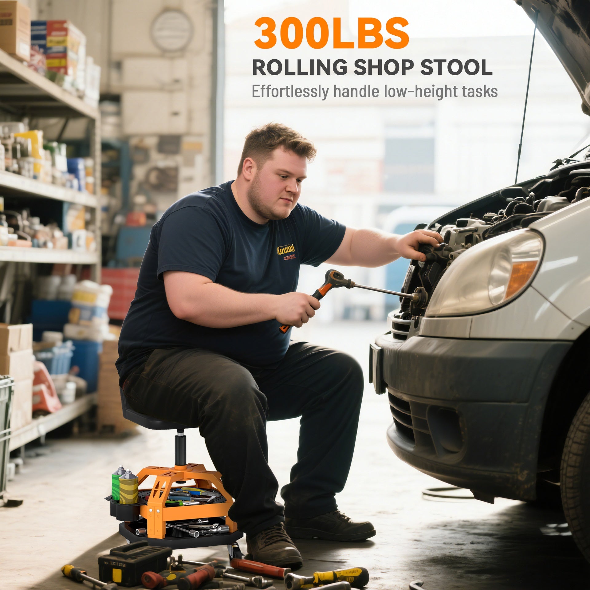 HOMCOM Rolling Creeper Garage Stool, 300 LBS Capacity Mechanic Stool with 360° Wheels, Tool Tray, Adjustable Height, Yellow