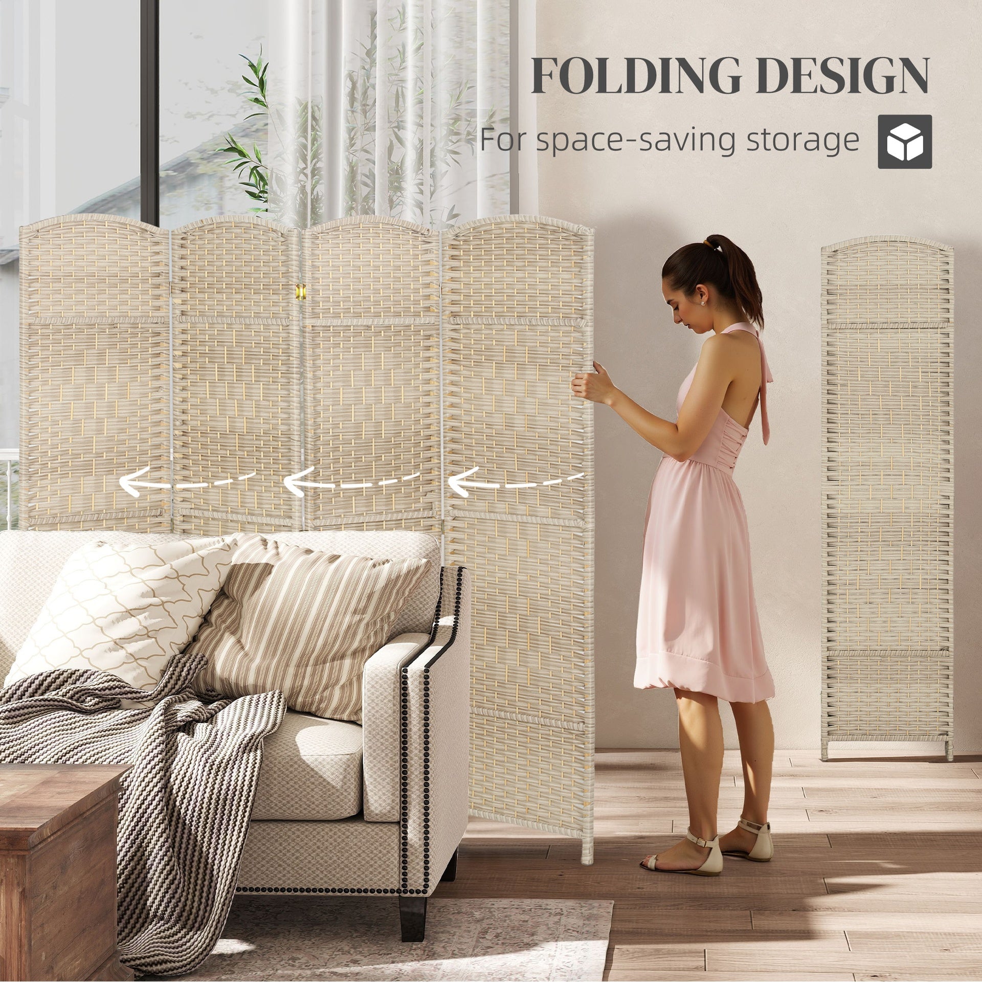 HOMCOM Folding Room Divider Screen 4 Panel 6' Tall Privacy Screen Freestanding Wood Partition for Home Office, Washed Oak