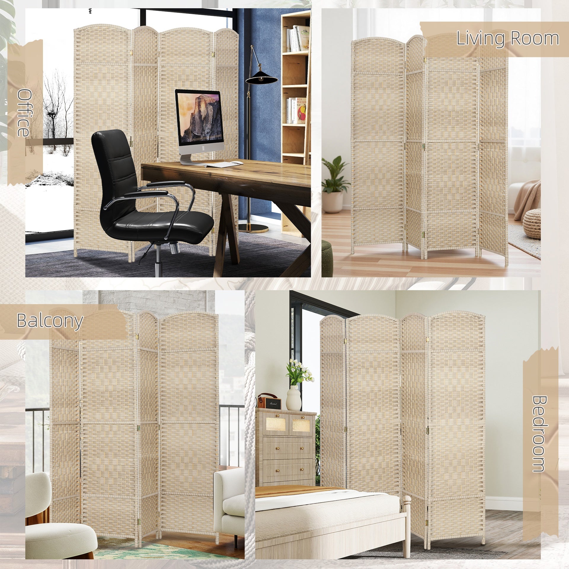 HOMCOM Folding Room Divider Screen 4 Panel 6' Tall Privacy Screen Freestanding Wood Partition for Home Office, Washed Oak